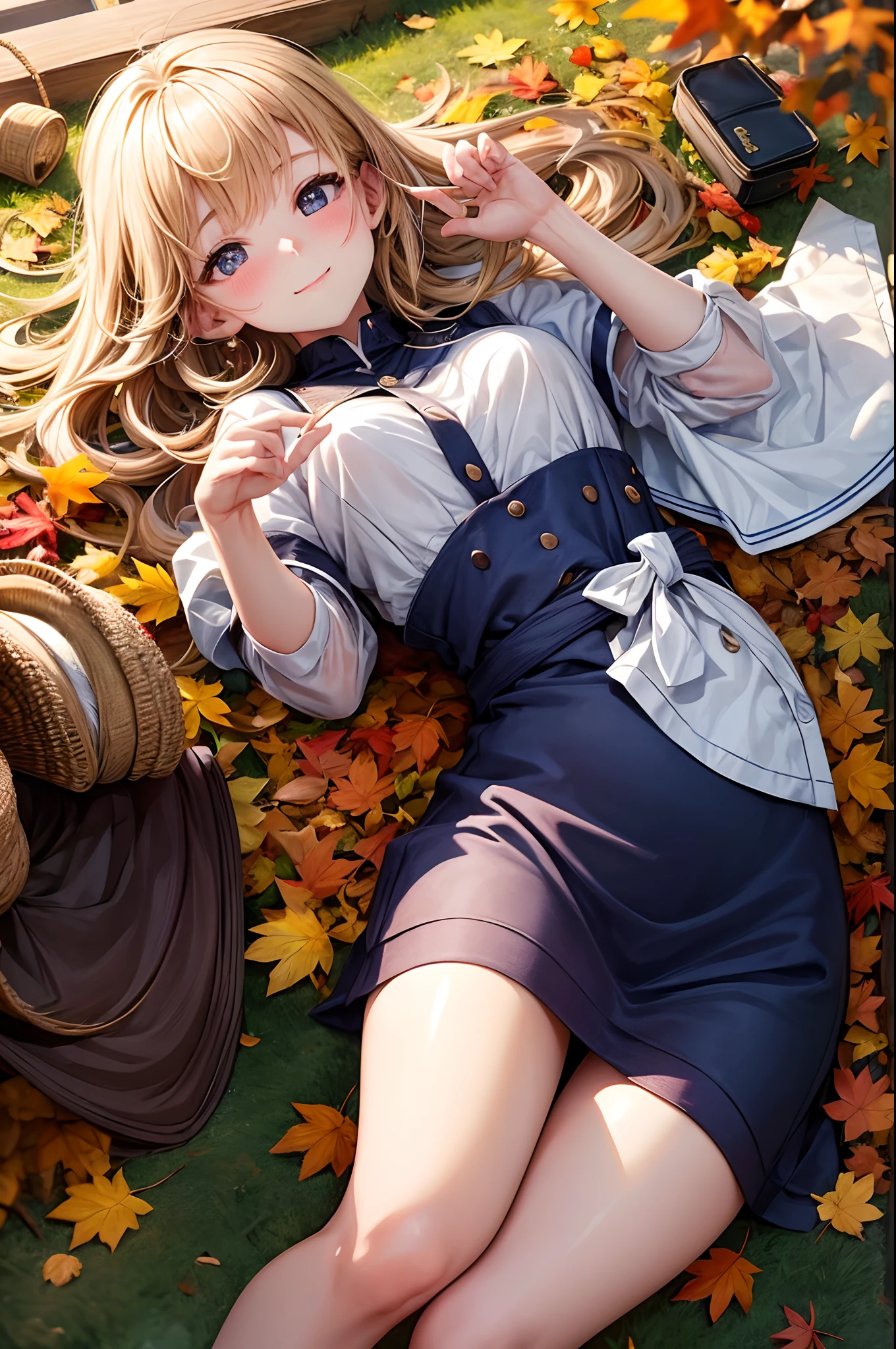 Lying on fallen leaves, Lunch box with rice balls、Onigiri basket、Wear black knee-high socks over a leisure sheet、3rd degree W6 Bob Hair. She spreads her right hand forward. , In the pose of Wali. The background is vast, Admire breathtaking foliage views. She is a teenager, Extremely cute, Close one eye and smile. She has golden hair, Blushing cheeks, ・Forward bending posture. The ground is covered with fallen leaves. She winks with a twinkle in her eye, There is a flashing effect. She looks up with her gaze. Has two sisters
In terms of image quality, It must have the best quality, Requires 4K or 8K resolution, And become a masterpiece. Images need ultra-detailed elements, Be realistic or photorealistic, Has HDR, nffsw, Studio Lighting. Images must be ultra-fine, Sharp focus and physically based rendering. The colors are vivid、The overall tone should be based on the autumn season. Lighting should create a warm and cozy atmosphere.Open the basket with the sandwich