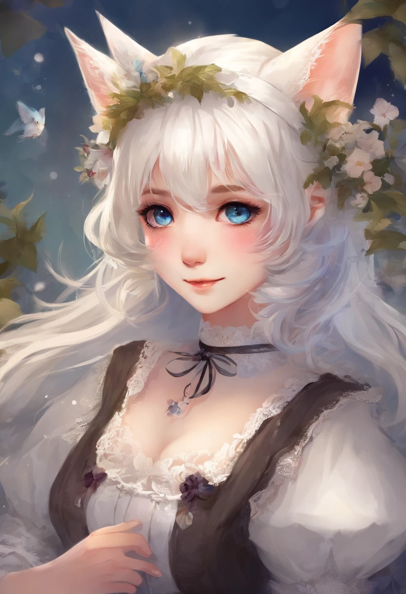 cute maid outfit, innerhalb, Haus, Wohnzimmer, cheeky smile, domineering smile, Meisterwerk, best quality, best quality, Ultra-precision, a shy girl with cat ears, blaue Augen, white hair, young maid, niedlich, Dienstmagd, Maid Costume, Natural smile, Katzenohren, Schau zu dir auf, shy, blaue Augen, white hair, young maid, niedlich, Dienstmagd, Maid Costume, Natural smile, Katzenohren