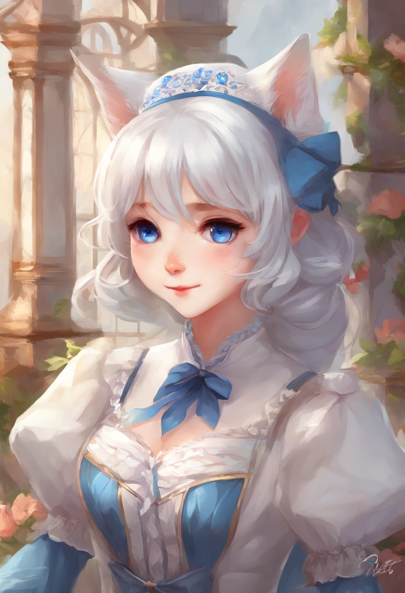 masterpiece, custom anon, best quality, 1girl, solo, portrait, 
animal ears, cat ears, cat tail, animal ear fluff, maid, long hair, white hair, hime cut, bowtie, medium breasts, arms behind back, blue eyes, smile:0.5,
((by Franz Xaver Winterhalter)), ((Albert Lynch)), [[Serge Marshennikov]],
 <lora:acnt [custom anon]:0.85>