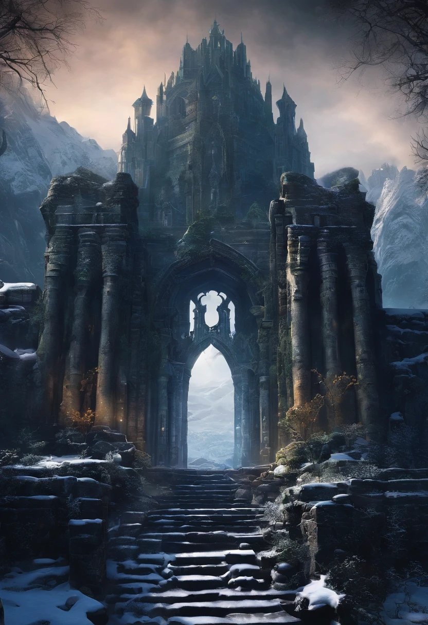 snowy scene of the ruins of a large city with a large temple carved in the side of a mountain, archways, vegetation and wildlife , marc adamus, inspired by the elder scrolls, inspired by Skyrim, frozen like a statue, miss aniela, beautiful render of a fairytale, photorealistic disney, queen of winter. Dark fantasy concept art, Skyrim Concept art, Dark souls concept art View from miles away