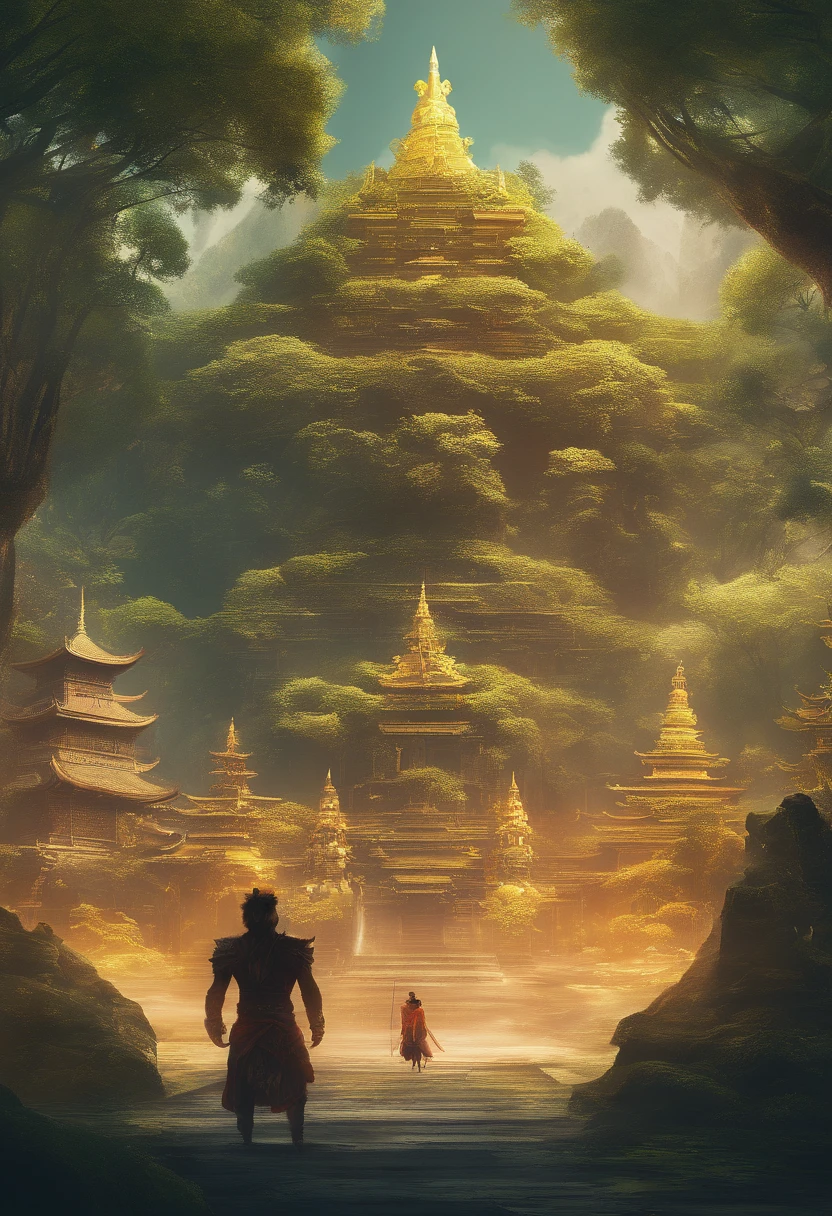 best quality, 4k, ultra-detailed, realistic:1.1, professional, vibrant colors, natural lighting, meditating, serene atmosphere, lush greenery, sunlight filtering through the trees, intricate texture of the monkey king's fur, tranquil vibes, blissful expression, spiritual journey, majestic presence, divine aura, calm and peaceful, deep connection with nature