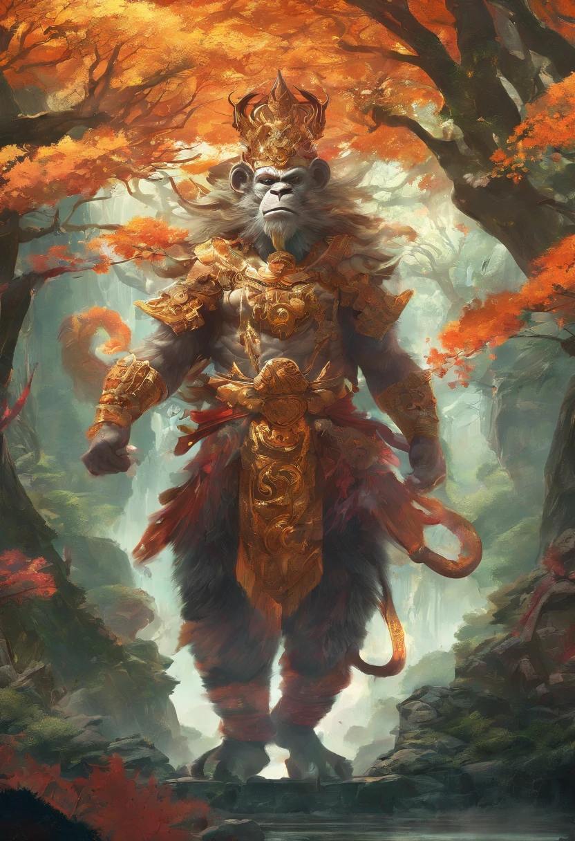 best quality, 4k, ultra-detailed, realistic:1.1, professional, vibrant colors, natural lighting, meditating, serene atmosphere, lush greenery, sunlight filtering through the trees, intricate texture of the monkey king's fur, tranquil vibes, blissful expression, spiritual journey, majestic presence, divine aura, calm and peaceful, deep connection with nature