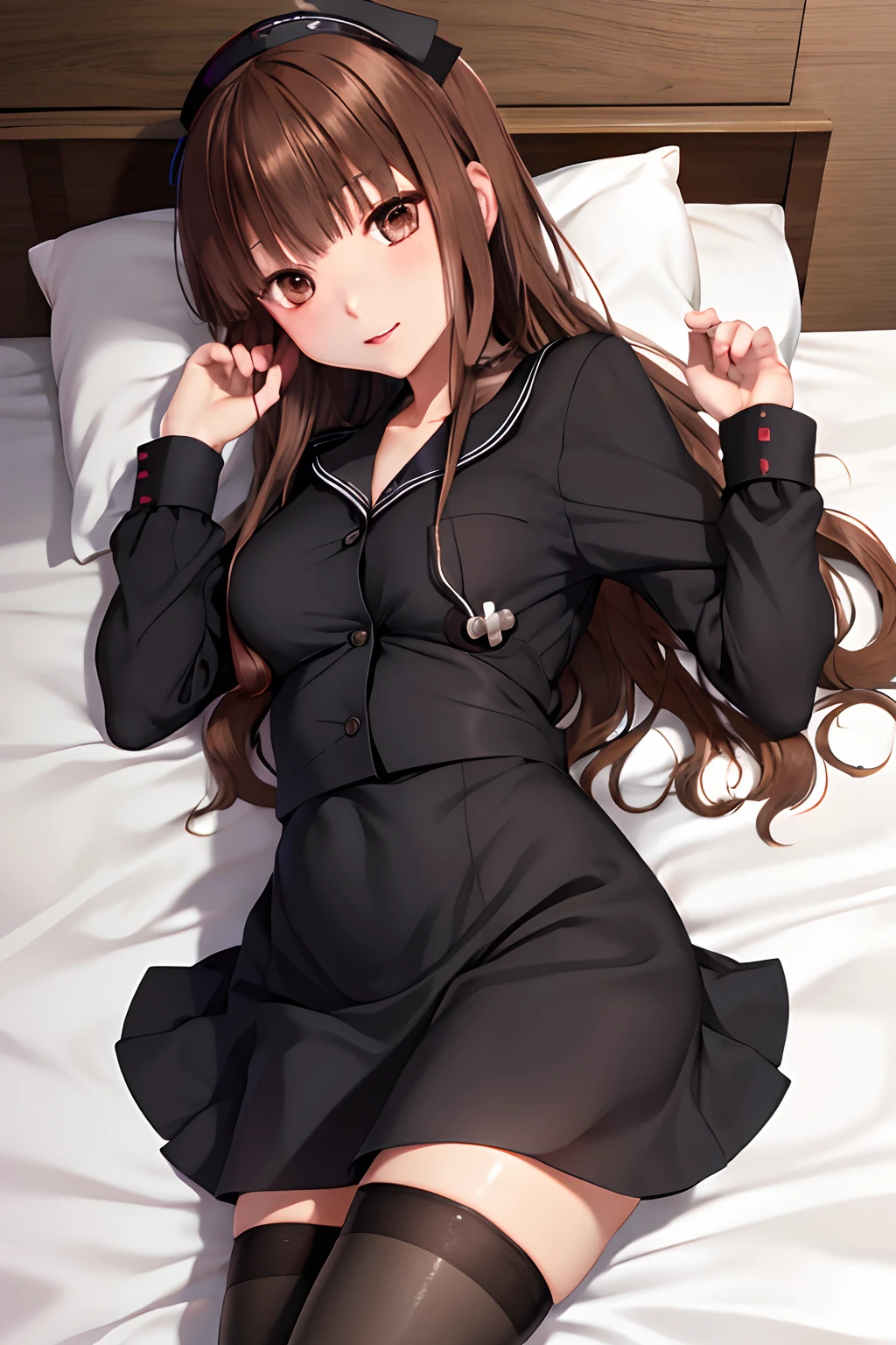 masutepiece, Best Quality, hight resolution, HMKH1, Black pantyhose, ((nurse's outfit))、Cowboy Shot, a miniskirt、Bedroom、on the beds、