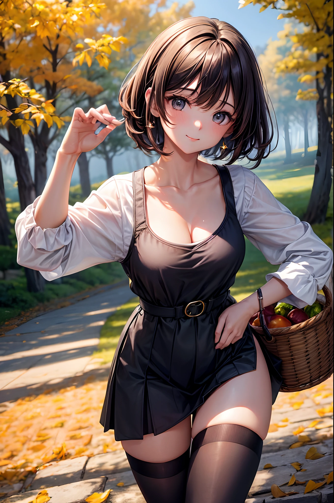 T、Wear black knee-high socks over a leisure sheet、Clothes with a slight view of cleavage、3rd degree W6 Bob Hair. She spreads her right hand forward. , In the pose of Wali. The background is vast, Admire breathtaking foliage views. She is a teenager, Extremely cute, Close one eye and smile. She has brown hair, Blushing cheeks, ・Forward bending posture. The ground is covered with fallen leaves. She winks with a twinkle in her eye, There is a flashing effect. She looks up with her gaze. Has two sisters
In terms of image quality, It must have the best quality, Requires 4K or 8K resolution, And become a masterpiece. Images need ultra-detailed elements, Be realistic or photorealistic, Has HDR, nffsw, Studio Lighting. Images must be ultra-fine, Sharp focus and physically based rendering. The colors are vivid、The overall tone should be based on the autumn season. Lighting should create a warm and cozy atmosphere.Open the basket with the sandwich