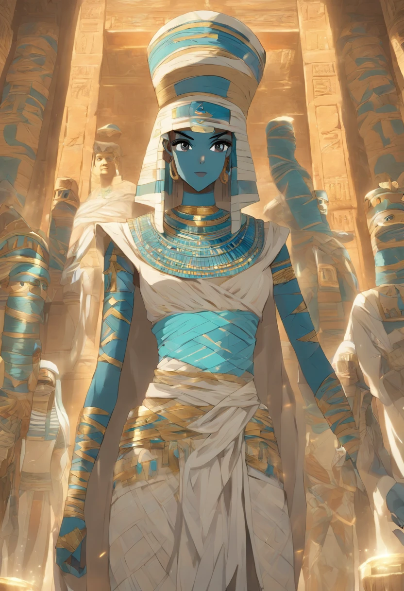 (((Mummy body))) best quality, very high resolution, 4K detailed CG, masterpiece, Egyptian mythology,Ptah,Egyptian tomb, Ancient Egypt, standing pose, mummy, white clothes, Egyptian clothes, Egyptian temple , desert, Ancient Egypt, ((blue adornment, mummy body)), Egyptian palace, aesthetics, beautiful image, centered on screen, standing pose