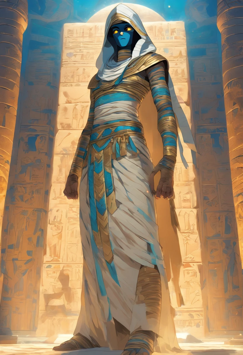(((Mummy body))) best quality, very high resolution, 4K detailed CG, masterpiece, Egyptian mythology,Ptah,Egyptian tomb, Ancient Egypt, standing pose, mummy, white clothes, Egyptian clothes, Egyptian temple , desert, Ancient Egypt, ((blue adornment, mummy body)), Egyptian palace, aesthetics, beautiful image, centered on screen, standing pose