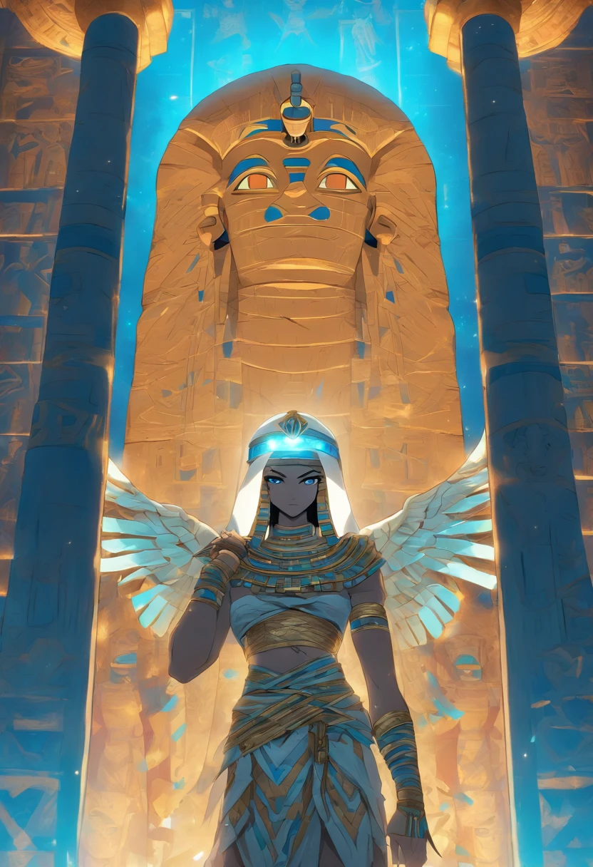(((Mummy body))) best quality, very high resolution, 4K detailed CG, masterpiece, Egyptian mythology,Ptah,Egyptian tomb, Ancient Egypt, standing pose, mummy, white clothes, Egyptian clothes, Egyptian temple , desert, Ancient Egypt, ((blue adornment, mummy body)), Egyptian palace, aesthetics, beautiful image, centered on screen, standing pose
