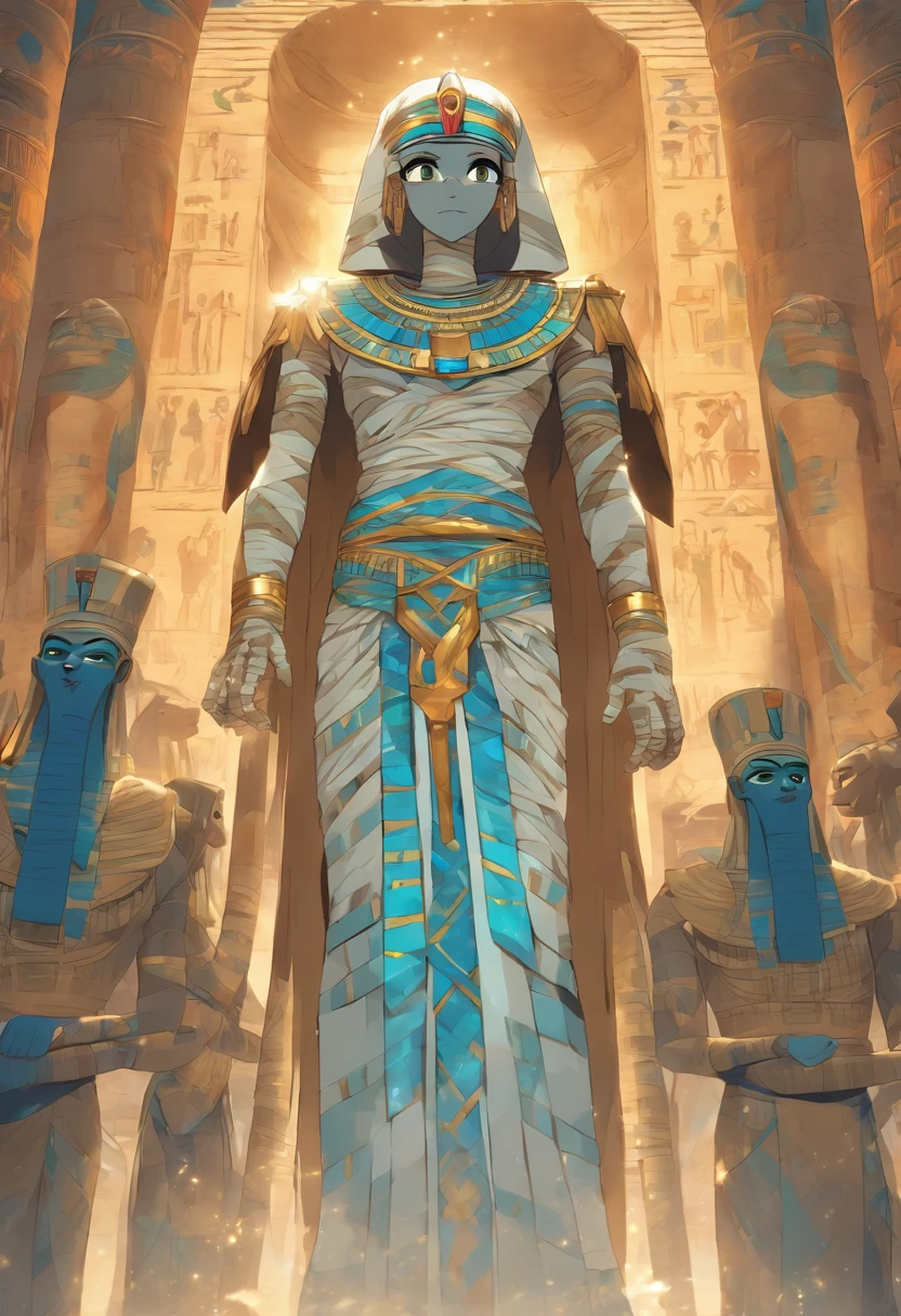 (((Mummy body))) best quality, very high resolution, 4K detailed CG, masterpiece, Egyptian mythology,Ptah,Egyptian tomb, Ancient Egypt, standing pose, mummy, white clothes, Egyptian clothes, Egyptian temple , desert, Ancient Egypt, ((blue adornment, mummy body)), Egyptian palace, aesthetics, beautiful image, centered on screen, standing pose