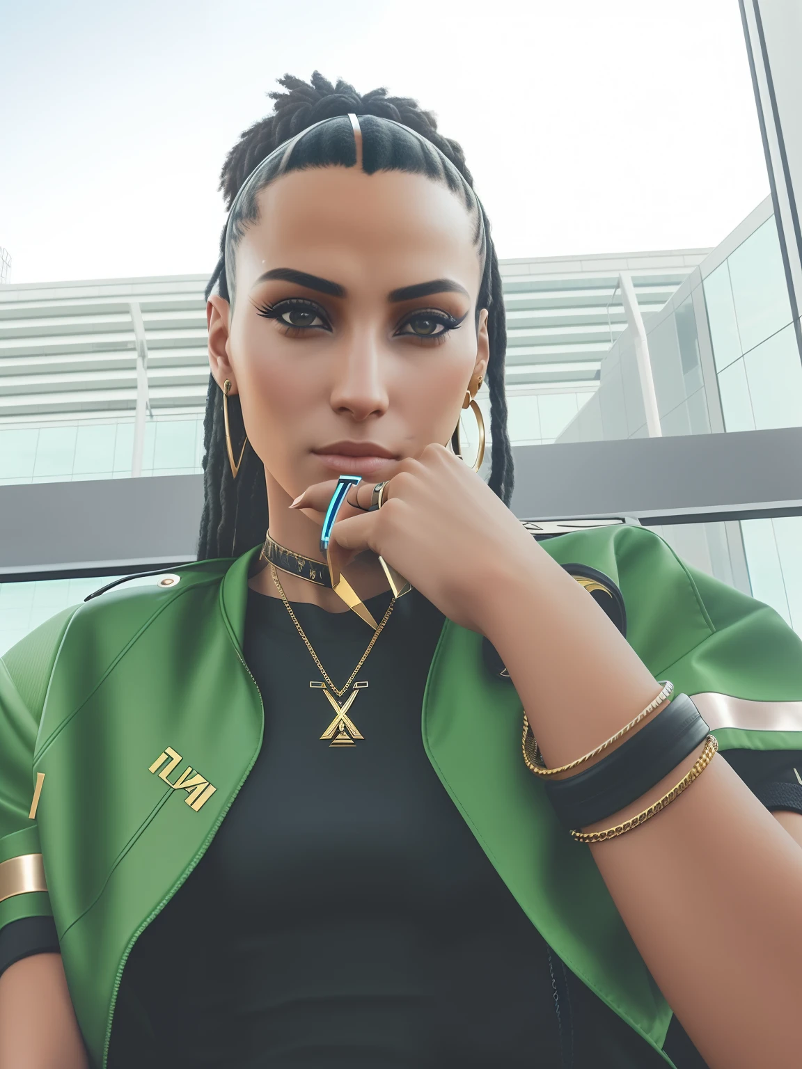 there is a woman sitting at a table with a cell phone in her hand, wears a egyptian ankh necklace, photograph of a techwear woman, taken in the early 2020s, wearing cyberpunk 2 0 7 7 jacket, very very low quality picture, vacation photo, sitting down casually, huge earrings and queer make up, looking away from camera