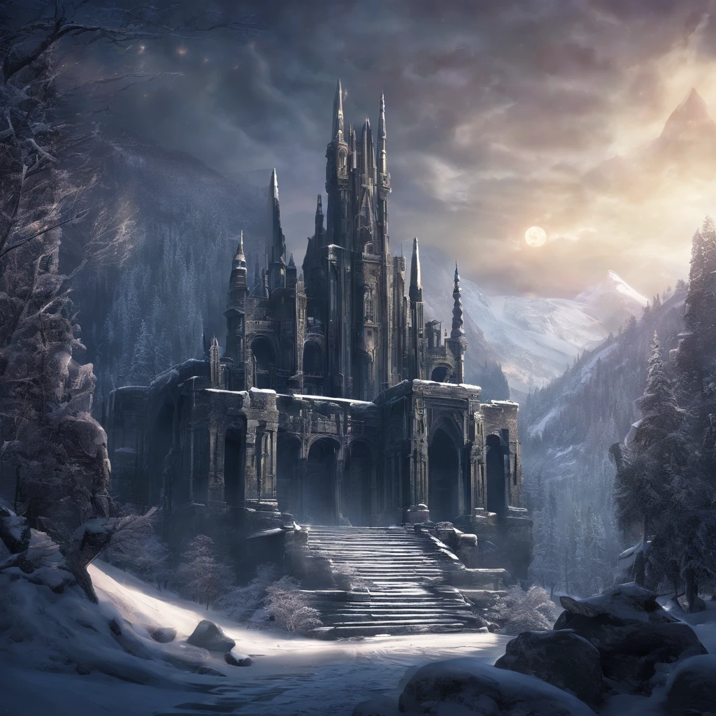 snowy scene of the ruins of a large city with a large temple carved in the side of a mountain, archways, vegetation and wildlife , marc adamus, inspired by the elder scrolls, inspired by Skyrim, frozen like a statue, miss aniela, beautiful render of a fairytale, photorealistic disney, queen of winter. Dark fantasy concept art, Skyrim Concept art, Dark souls concept art View from miles away