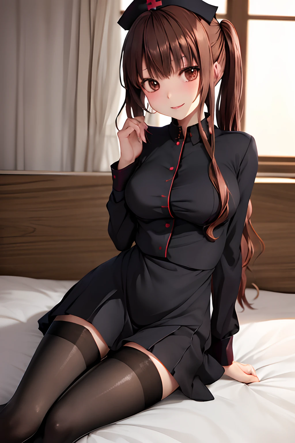 masutepiece, Best Quality, hight resolution, HMKH1, Black pantyhose, ((nurse's outfit))、Cowboy Shot, a miniskirt、Bedroom、on the beds、
