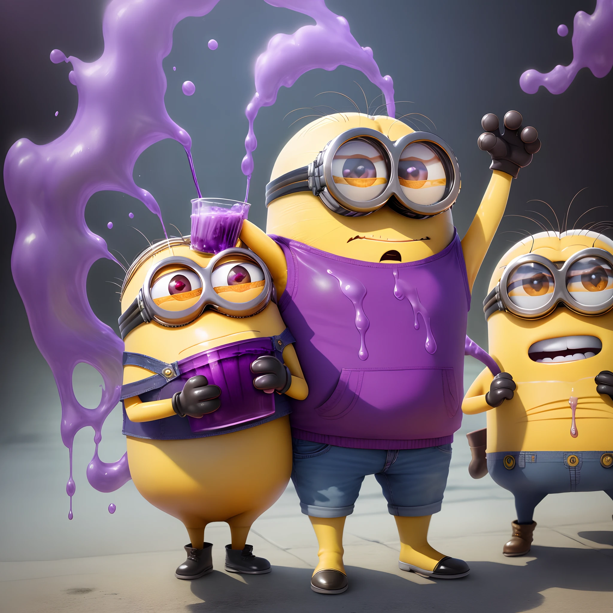 Minion from despicable me wearing drip and drinking lean (purple juice)