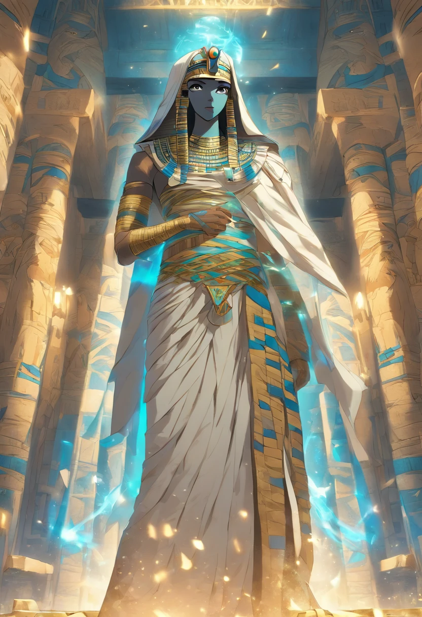 (((Mummy body))) best quality, very high resolution, 4K detailed CG, masterpiece, Egyptian mythology,Ptah,Egyptian tomb, Ancient Egypt, standing pose, mummy, white clothes, Egyptian clothes, Egyptian temple , desert, Ancient Egypt, ((blue adornment, mummy body)), Egyptian palace, aesthetics, beautiful image, centered on screen, standing pose
