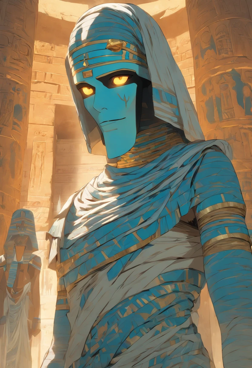 (((Mummy body))) best quality, very high resolution, 4K detailed CG, masterpiece, Egyptian mythology,Ptah,Egyptian tomb, Ancient Egypt, standing pose, mummy, white clothes, Egyptian clothes, Egyptian temple , desert, Ancient Egypt, ((blue adornment, mummy body)), Egyptian palace, aesthetics, beautiful image, centered on screen, standing pose