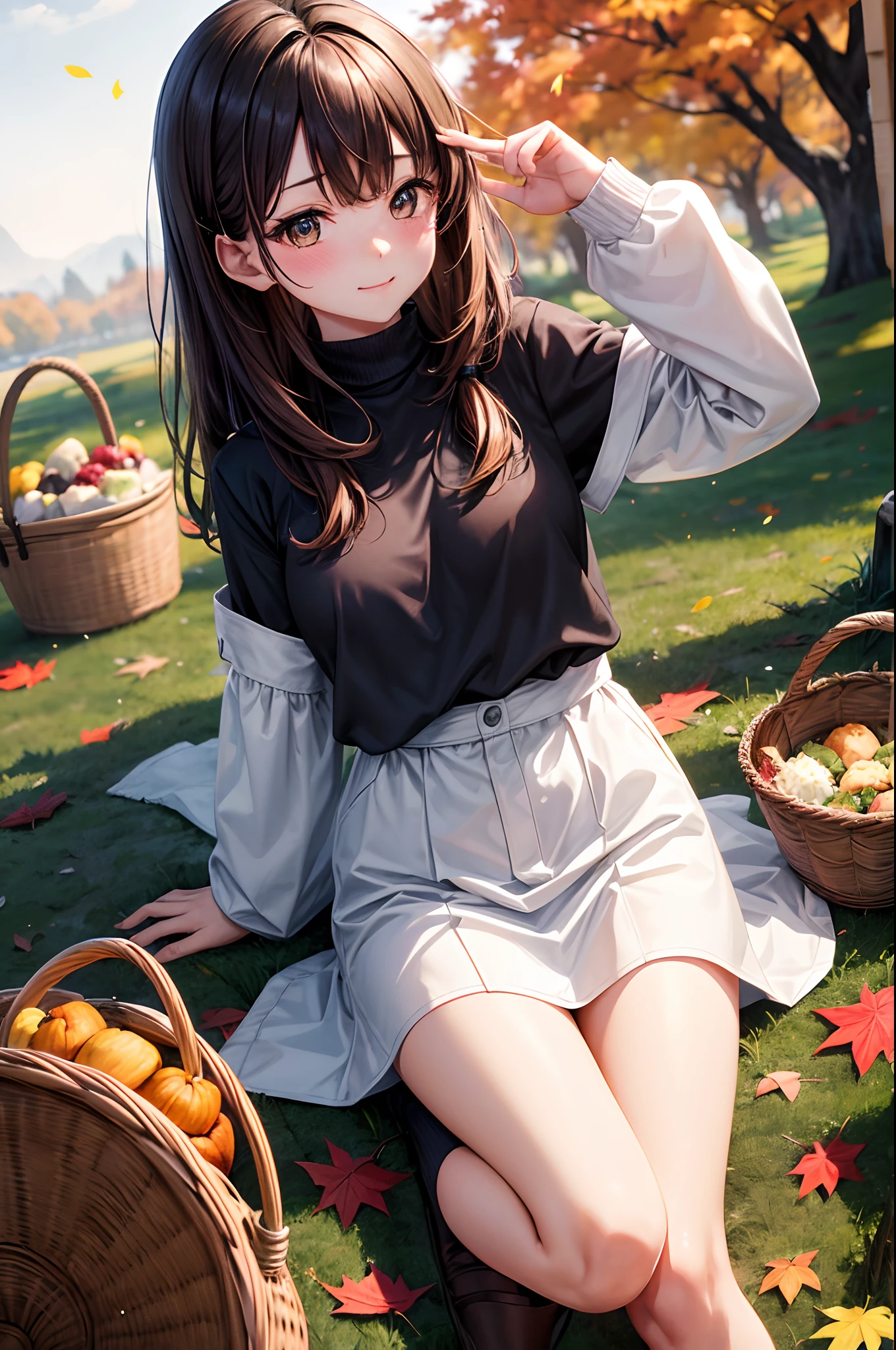 Lying on fallen leaves, Onigiri basket、Wear black knee-high socks over a leisure sheet、3rd degree W6 Bob Hair. She spreads her right hand forward. , In the pose of Wali. The background is vast, Admire breathtaking foliage views. She is a ager, Extremely cute, Close one eye and smile. She has golden hair, Blushing cheeks, ・Forward bending posture. The ground is covered with fallen leaves. She winks with a twinkle in her eye, There is a flashing effect. She looks up with her gaze.
In terms of image quality, It must have the best quality, Requires 4K or 8K resolution, And become a masterpiece. Images need ultra-detailed elements, Be realistic or photorealistic, Has HDR, nffsw, Studio Lighting. Images must be ultra-fine, Sharp focus and physically based rendering. The colors are vivid、The overall tone should be based on the autumn season. Lighting should create a warm and cozy atmosphere.Open the basket with the sandwich、early evening、Brown hair
