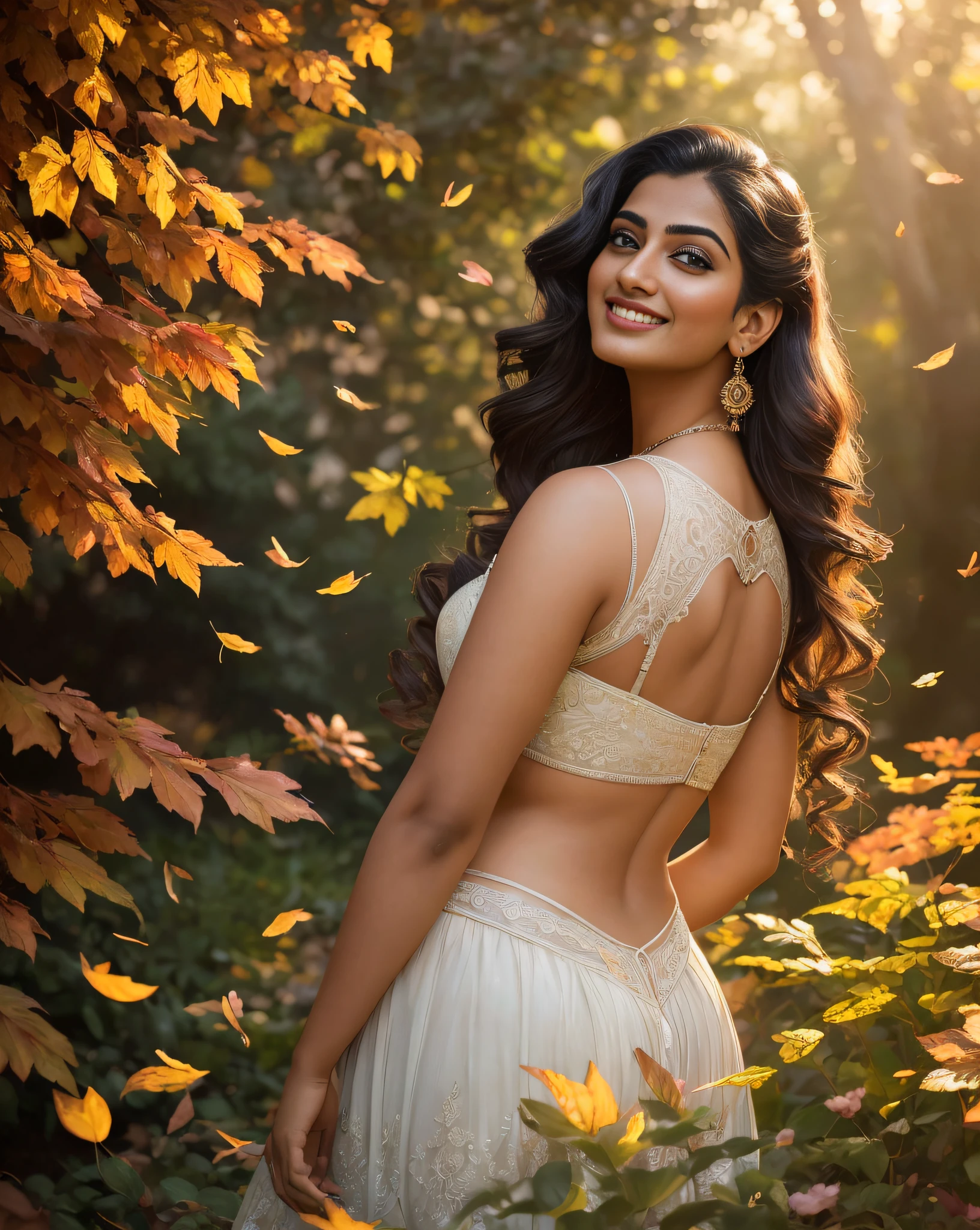 (masterpiece portrait photography:1.4) of a alluring sexy curvy tall supermodel Suhasini Iyer, posing in a garden , wearing beautiful, wearing ornate cream skirt and bralette, ornate venetian garden, heels, arms over head, armpits, (long flowing wavy backlit hair:1.2), vivacious, lustful glance, exhilarated (captivating kohl lined eyes:1.1) , (seductive smile:1.3) soft dramatic lighting, falling leaves and flowers bokeh, key lighting backlit, light rays, highly detailed, trending on artstation, paint splashes, rich colour, wind all around, abstract portrait, by Ron hicks