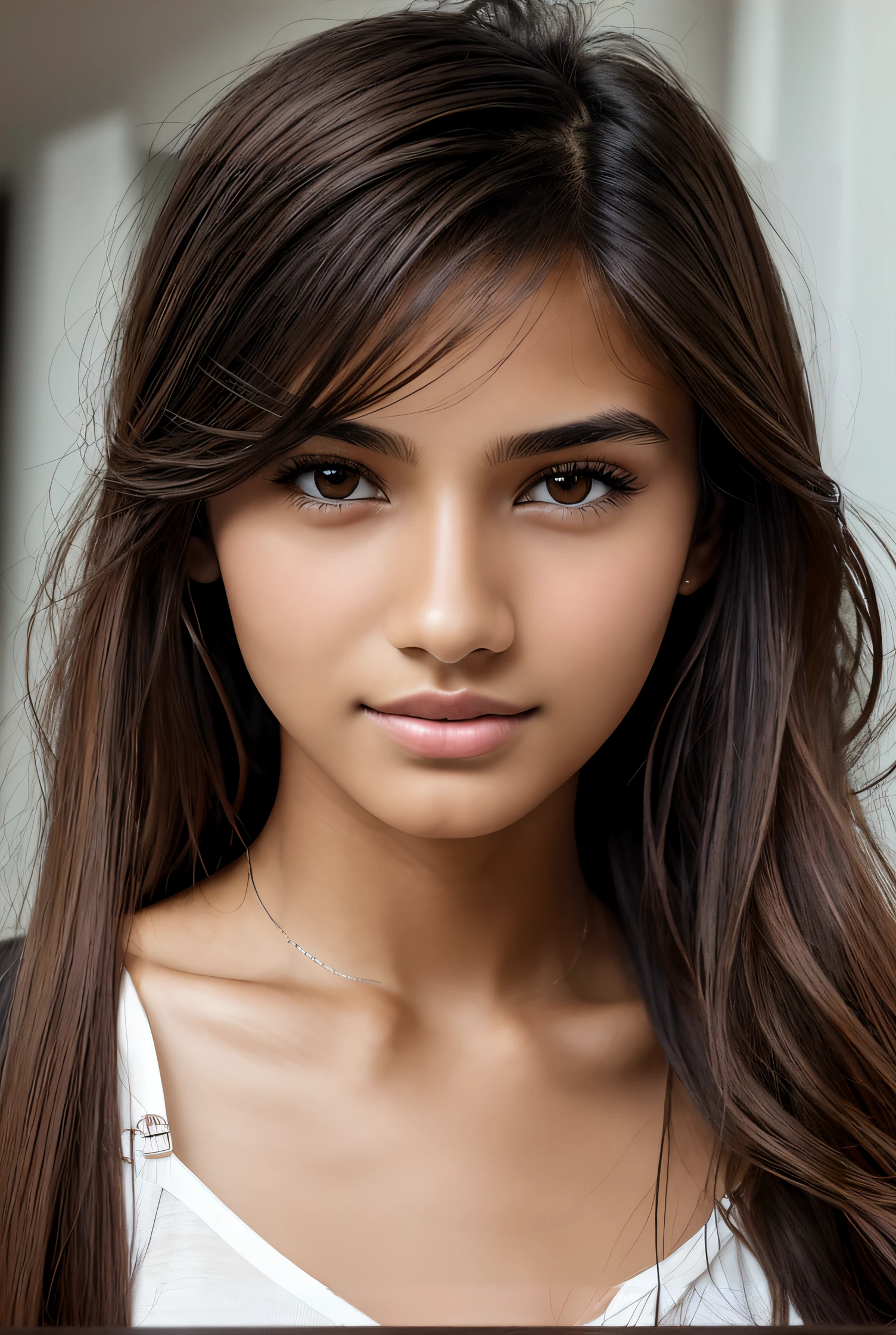 imagem arrapada de uma mulher com longos cabelos castanhos e um top branco, Indian girl with brown skin, lindo rosto latino, belo rosto jovem, rosto feminino atraente!!!, flawless olive skin, lindo rosto atraente, rosto extremamente bonito, cara muito bonita, rosto feminino bonito, rosto bonito atraente, menina jovem bonita, cara muito bonita, mulher jovem bonita