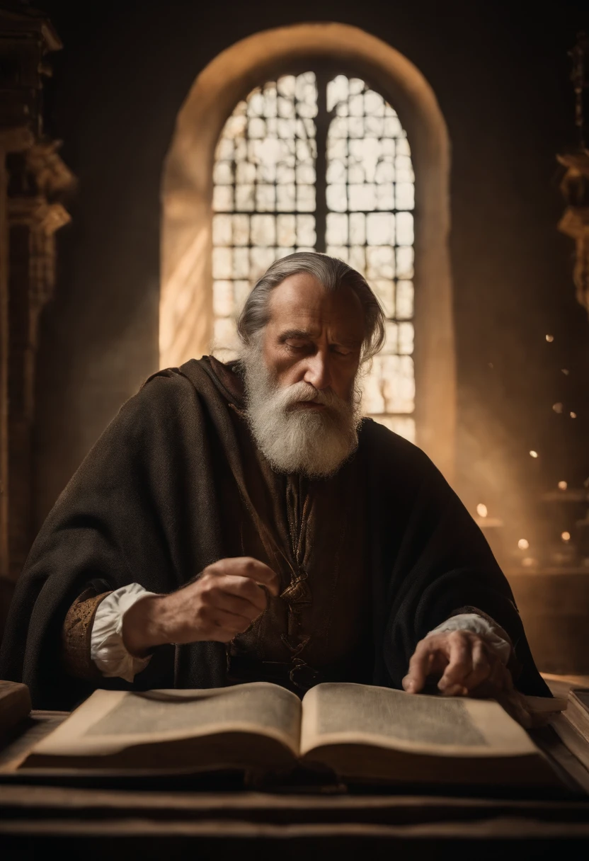 A wise and weather-beaten philosopher with a majestic beard, Sitting at a desk in a medieval study with expressive eyes and wrinkled features, he reads intently and hunched over an old book, das von Kerzenlicht erhellt wird. Auf seiner Schulter sitzt eine Eule, die ebenfalls auf das Buch schaut. Im Hintergrund sieht man durch ein Fenster auf das Universum mit seinen vielen Galaxien