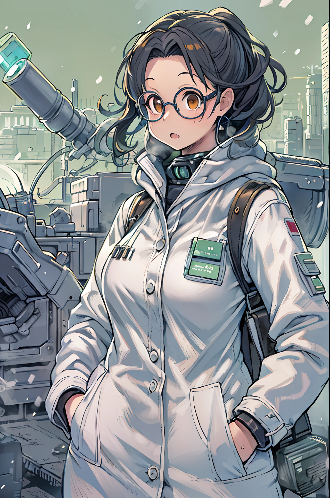 Science fiction,a science fiction film,cannons,Long-range missiles,Based on the Film Foundation ,Woman,,28 years old,Zito-order,Brown eyes,Long hairstyle,Unkempt hair、White-gray on black hair,Scientist uniform,White researcher coat,Open Meadow,Rebel,Chaotic,A futuristic world,Socialist world,Snow,lab room、stoop、big round glasses、with hands in pockets