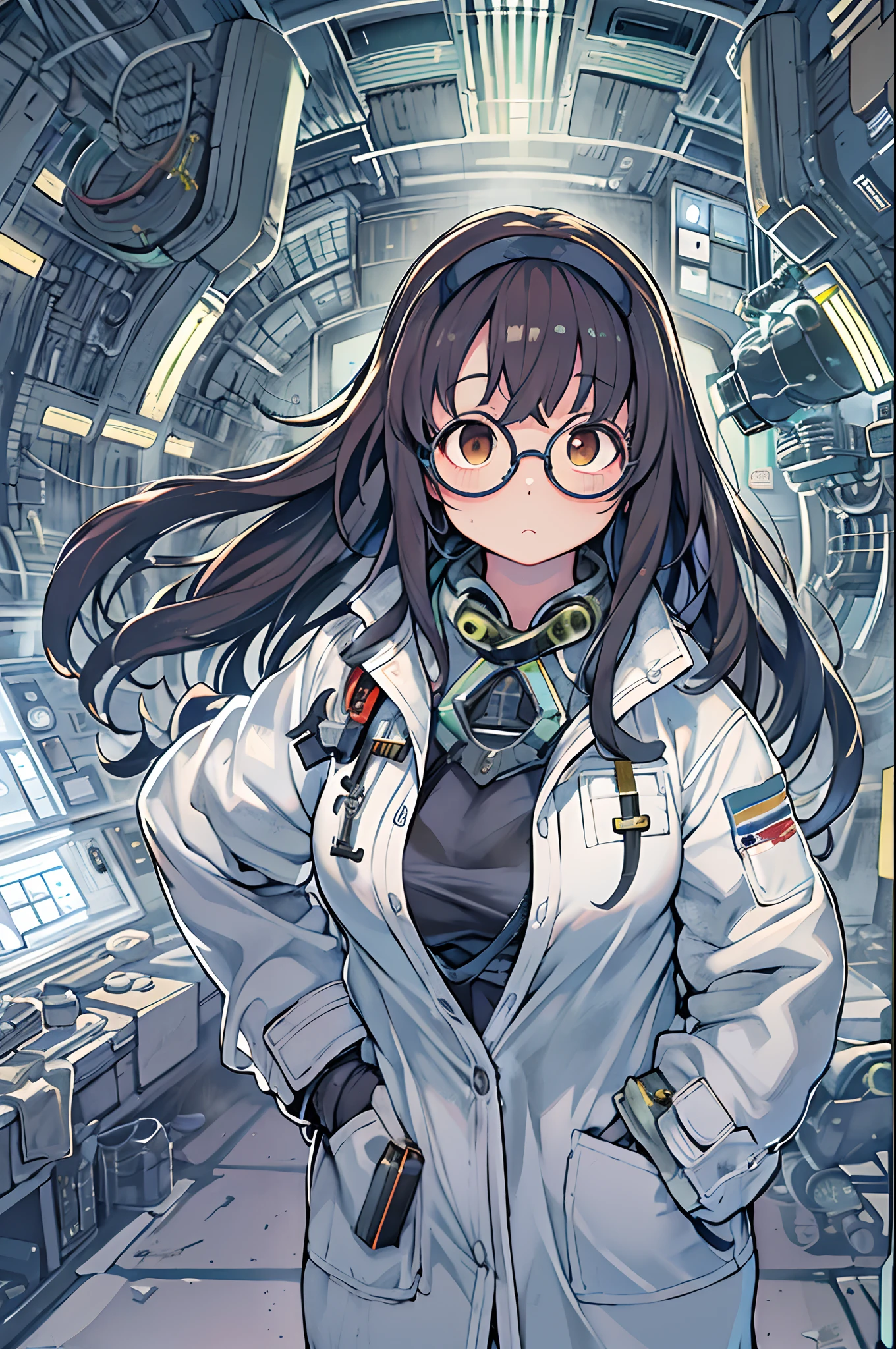 Science fiction,a science fiction film,cannons,Long-range missiles,Based on the Film Foundation ,Woman,,28 years old,Zito-order,Brown eyes,Long hairstyle,Unkempt hair、White-gray on black hair,Scientist uniform,White researcher coat,Open Meadow,Rebel,Chaotic,A futuristic world,Socialist world,Snow,lab room、stoop、big round glasses、with hands in pockets