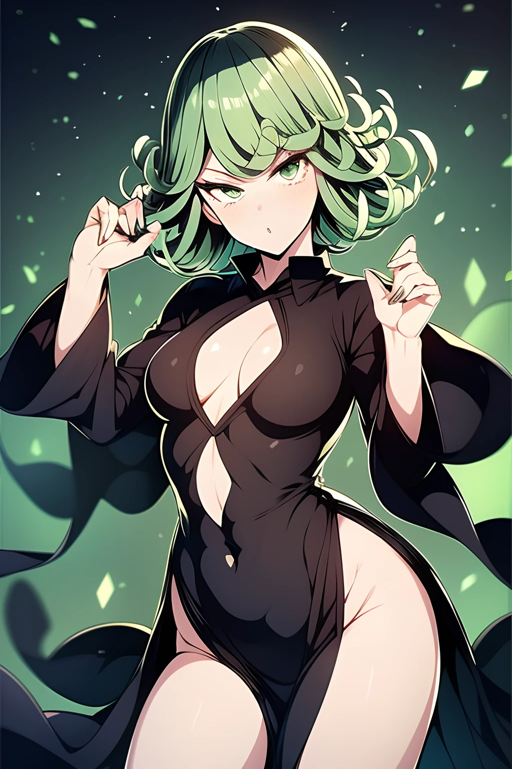 Tatsumaki, 1girl, solo, green eyes, green hair, breasts, small breasts, nipple protrusion: 2.0, curly, black dress, look at viewer, covered navel, simple background, long sleeve, dress, thighs, mouth closed, high leg, inverted hair, blush, bangs, short hair, medium hair, cowboy shot, highest quality, high resolution.