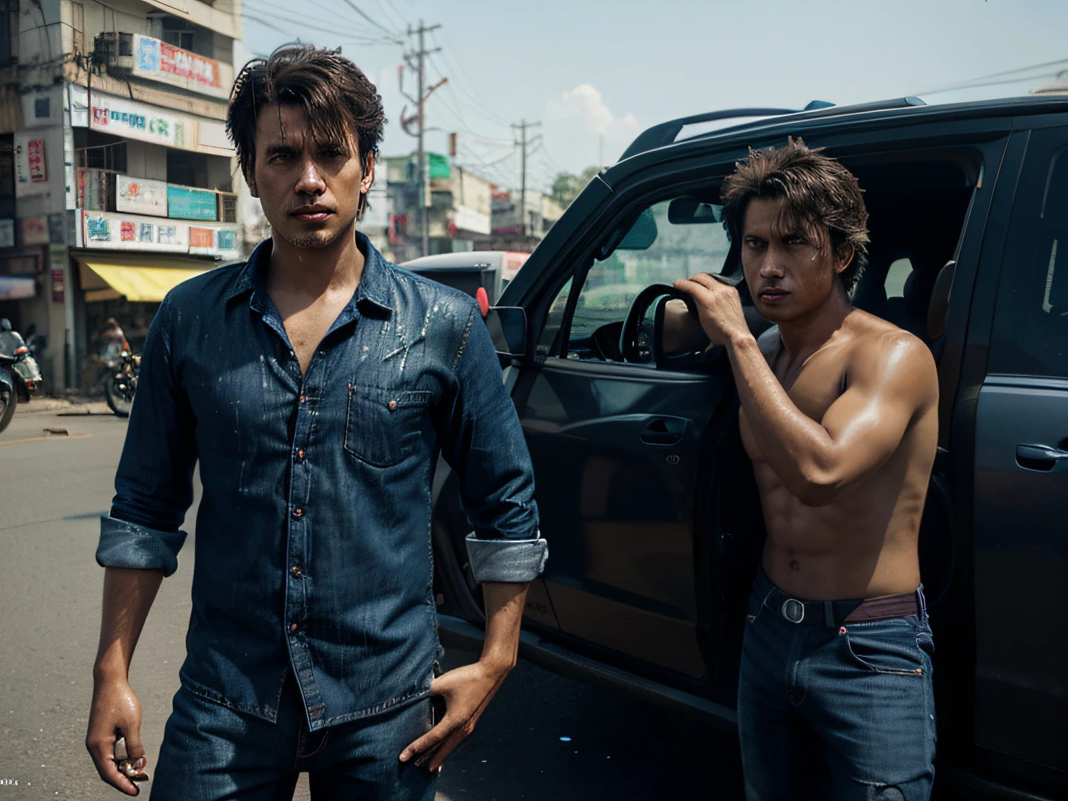 Two anxious car sales men in Burma. Midsize body, Blue jeans, Skin milky brown, Almost messy hair, deeply anxious facial expressions. Background is Rangoon Urban Streets with Japanese cars, Toyota SUVs and Saloons. illustration, 3d render, photo, realistic, anime, photo, 3d render, typography, illustration, Dark Tones,