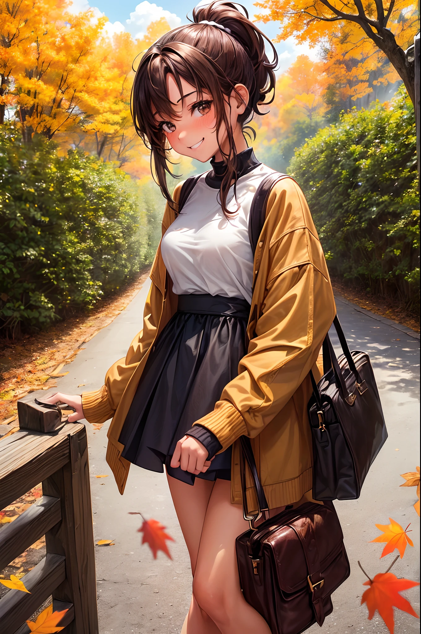(Best Quality,Wide background,Slightly tanned skin,Autumn clothes,Detailed to the knee,Ponytail,Immediately after getting out of the car,Breathtaking views of the vast foliage,A teenage girl,Extremely cute,Close one eye and smile,Brown hair,Blushing,Leaning forward,Falling leaves,winking,flashes,Look up with your gaze)