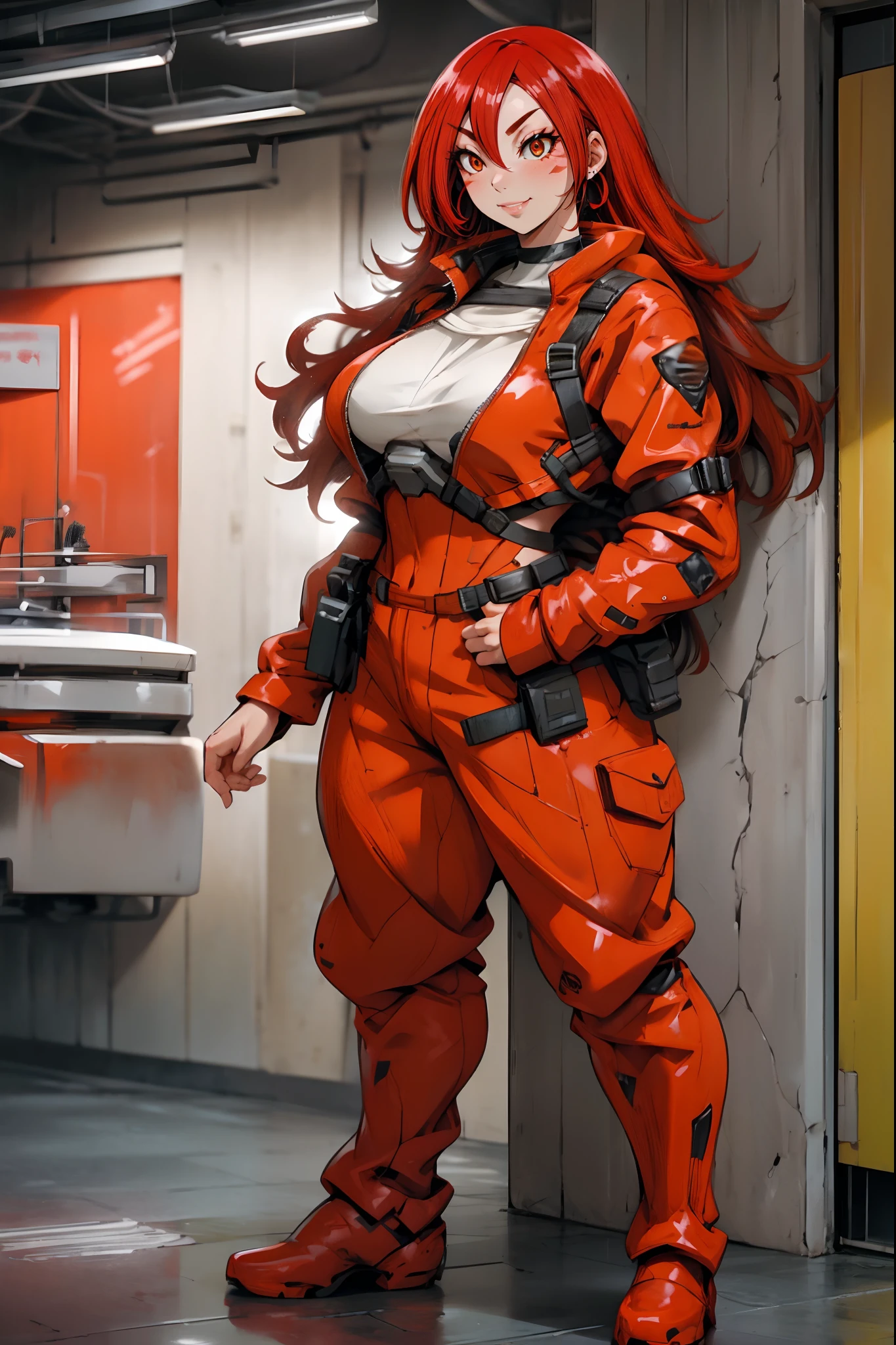 lava, red hair, orange eyes, prisoner cloths, medium breast, smile, facial mark, long hair, standing solo, full body, boots