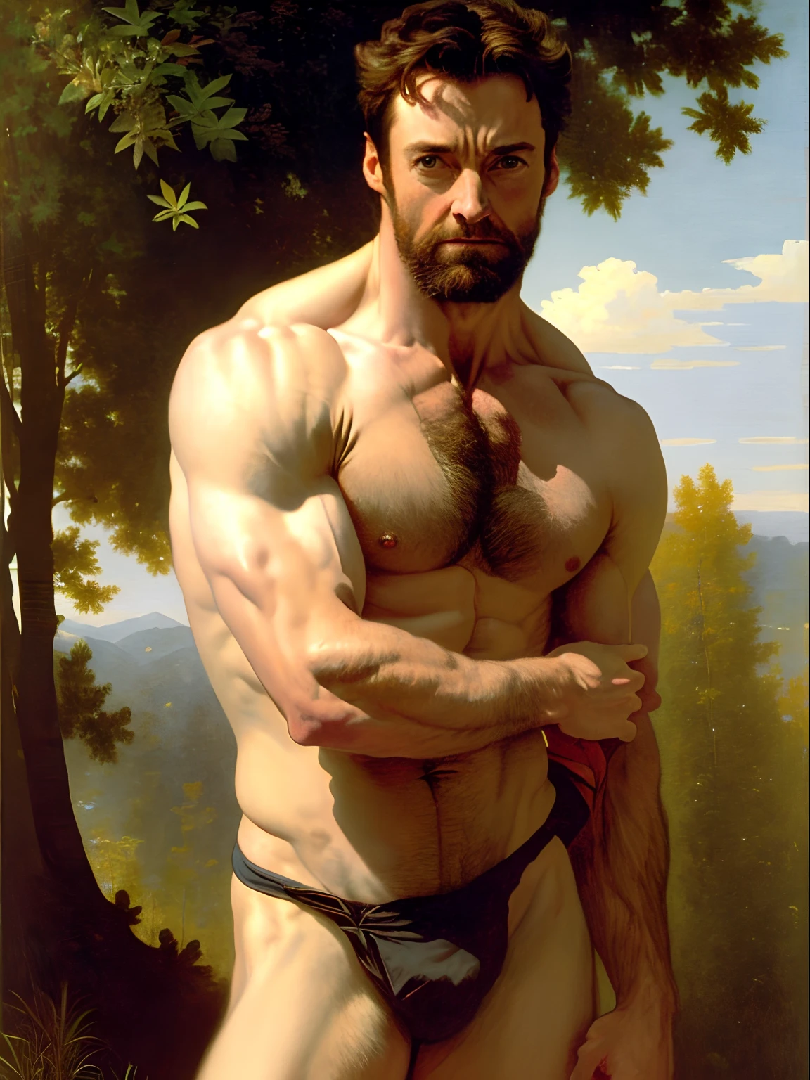 A full body portrait of Hugh Jackman as an extremely strong and handsome 40s years old man, highly detailed painting, portrait, artwork by William-Adolphe Bouguereau, ethereal, poetic pastoral