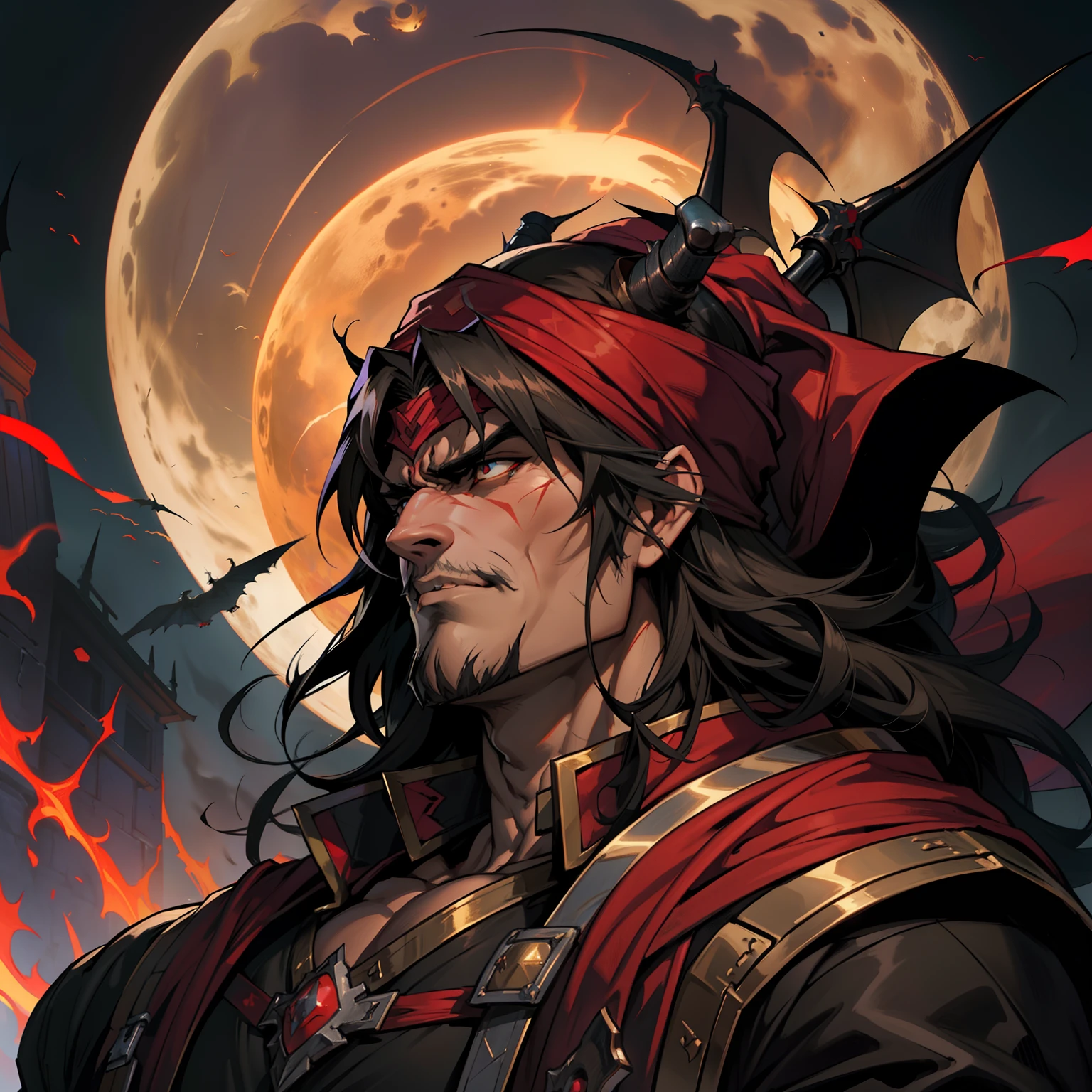 Castlevania Hyper Realistic Shadow Lord Super Detailed Dynamic Shooting Lord Dracula Centerpiece Angry Demonic Form Medieval Arab Warrior with Red Turban Scary Face Hokuto No Ken Structure Muscular Face Kenshiro Portrait Zoom Super Detailed Face