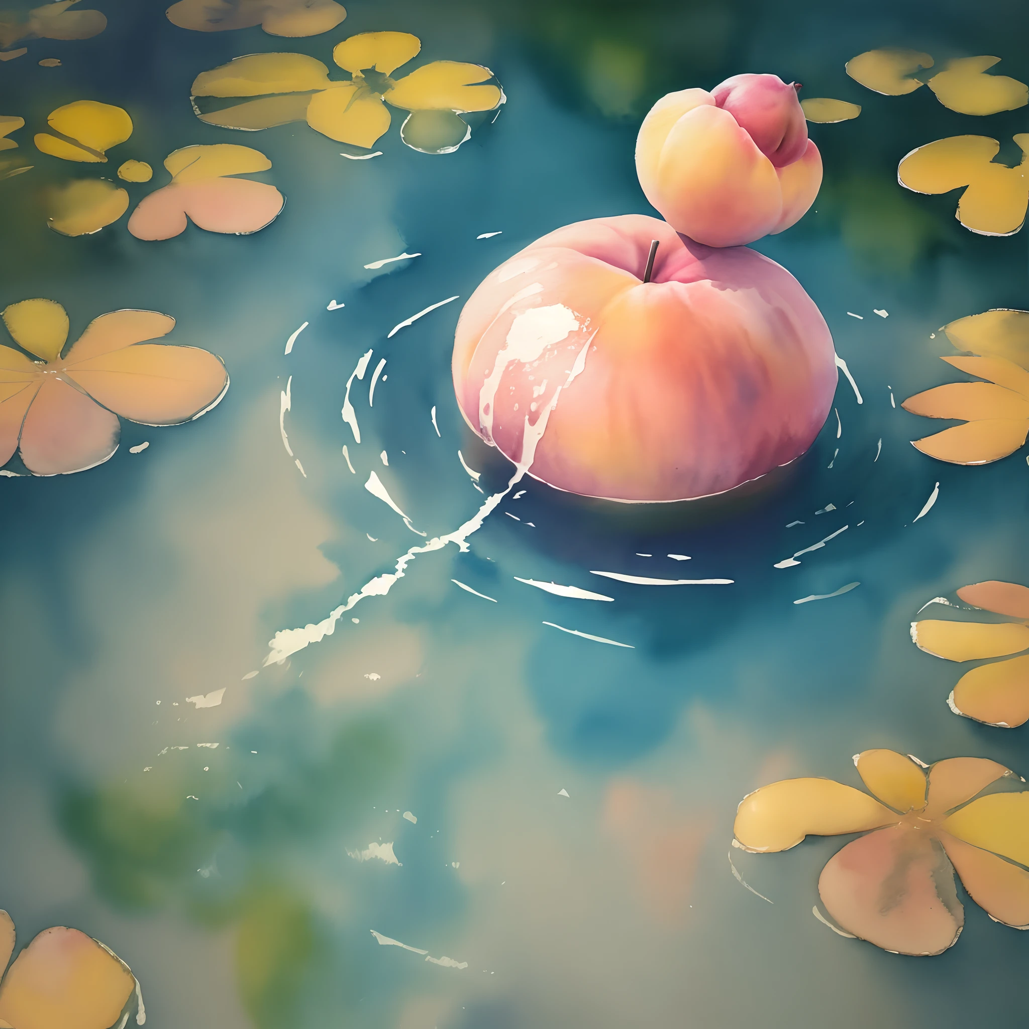 Watercolor peach floating on water