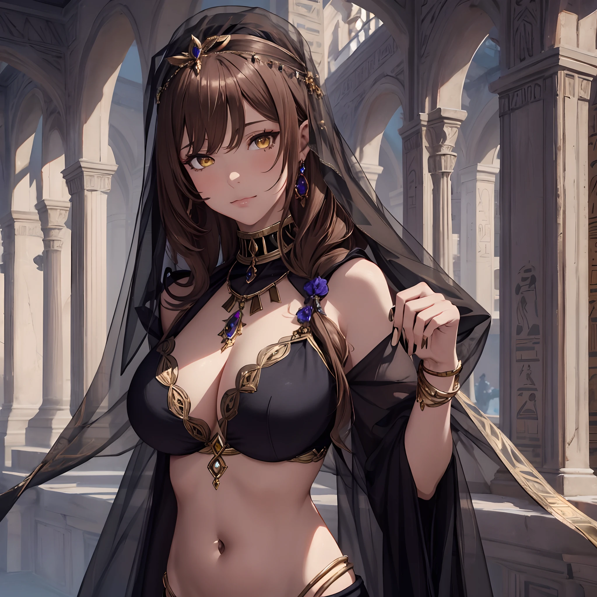 masterpiece, best quality, 1woman, adult, female focus, solo, brown skin, brown hair, long hair, looking at viewer, closed mouth, Fantasy aesthetics, Highly detailed, shadowverse style, dancer attire, belly button reveal attire, black attire, yellow eyes, veil, egyptian aesthetic, big breast, thick, lot of jewelry, belly jewelry