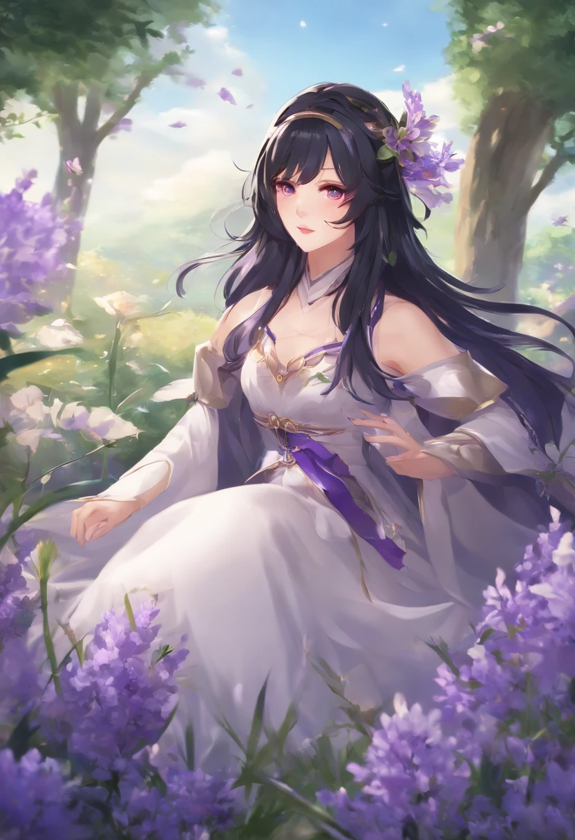 Anime girl with black hair and purple eyes in a field, Ayaka Spiel Genshin Impact, Stilisierter Anime, Seraphine Ahri KDA, Ayaka Genshin Impact, anime goddess, Radiant, magically shiny skin, Anime Waifu, Holy Cyborg Necromancer Girl, Anime stilisiert, Genshin Impact-Charakter, Waifu, Zhongli von Genshin Impact