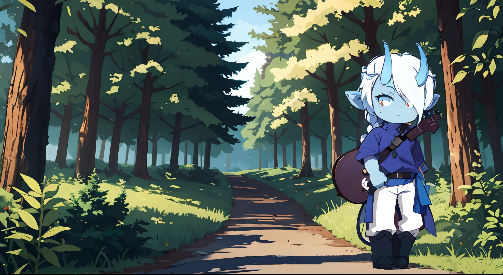 Background Forest, tiefling, dnd, blue skin, white colored hair, Hair braided, blue clothes, white pants, Navy Blue Belt, Navy Blue Belt, Blue Horns, white eyes, Blue Tail, Drive, Guitar behind your back