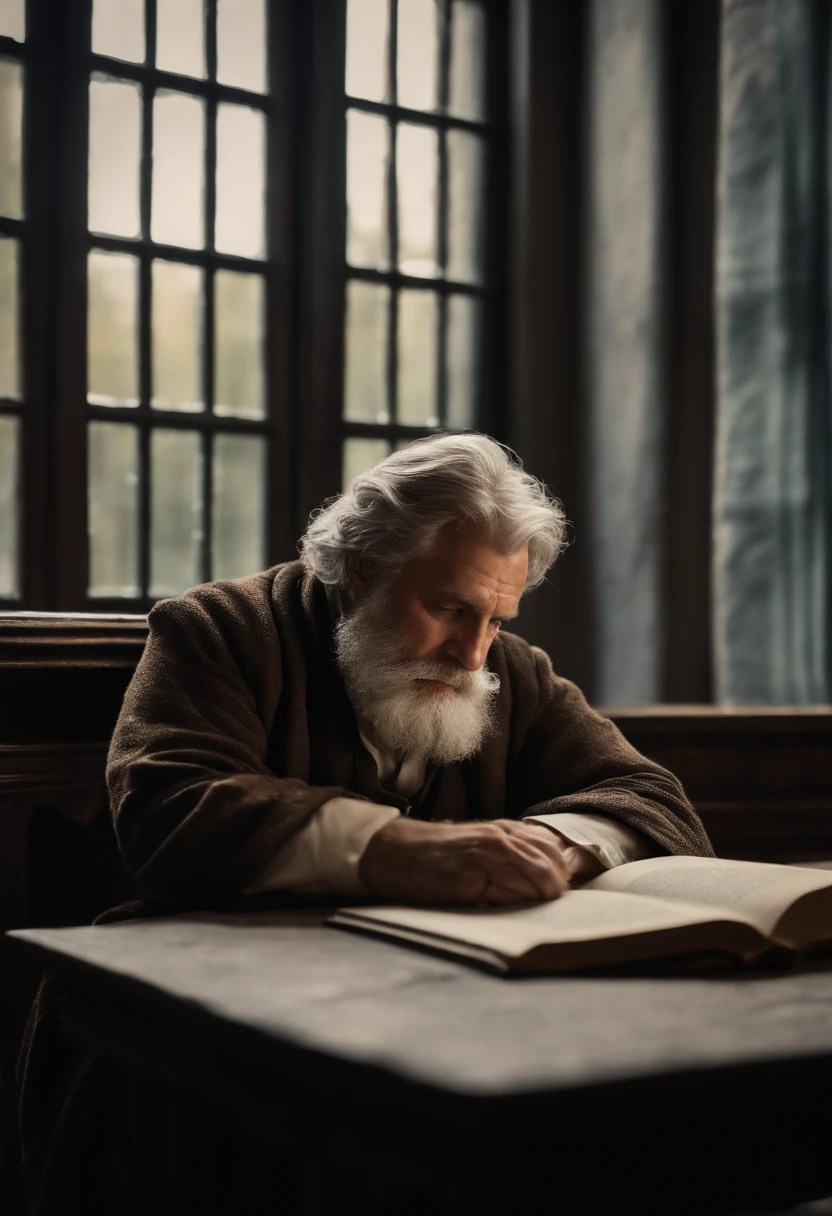 A wise and weather-beaten philosopher with a majestic beard, expressive eyes and wrinkled features sitting at a desk in a medieval study. He reads intently and hunched over an old book. Das Buch wird von Kerzenlicht erhellt wird. Auf seiner Schulter sitzt eine Eule. Sie schaut ebenfalls auf das Buch. Im Hintergrund sieht man durch ein Fenster auf das Universum mit seinen vielen Galaxien-