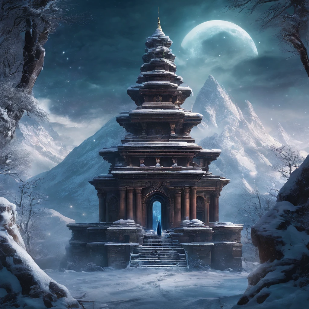 snowy scene of the ruins of a large city with a large temple carved in the side of a mountain, archways, vegetation and wildlife , marc adamus, inspired by the elder scrolls, inspired by Skyrim, one large red moon, one smaller white moodragon flying in the distance, frozen like a statue, miss aniela, beautiful render of a fairytale, photorealistic disney, queen of winter. Dark fantasy concept art, Skyrim Concept art, Dark souls concept art View from miles away