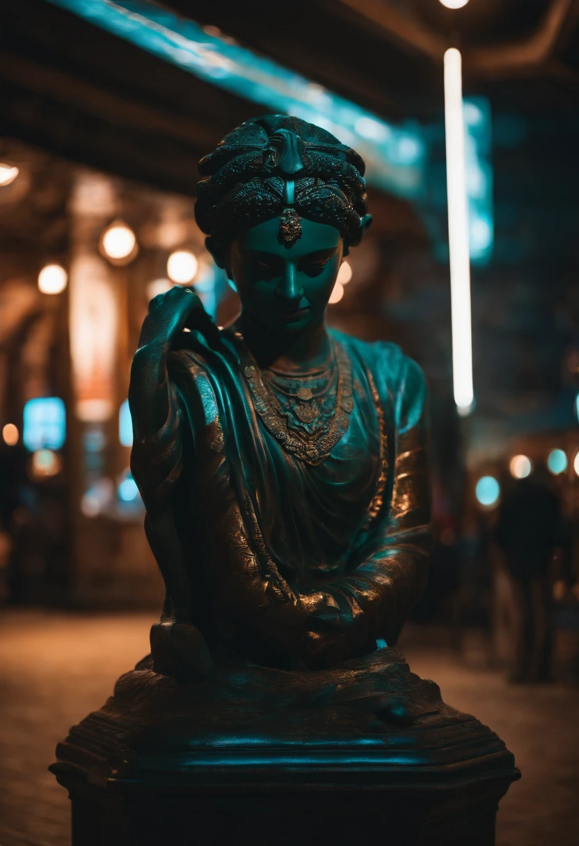 character, statue-shaped, lights, neon eyes, dark, stoicism