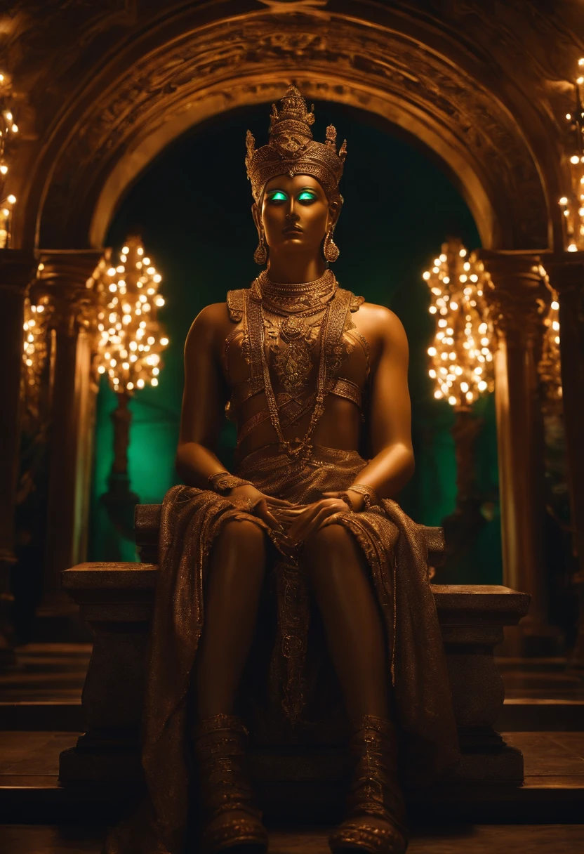 character, statue-shaped, lights, neon eyes, dark, stoicism