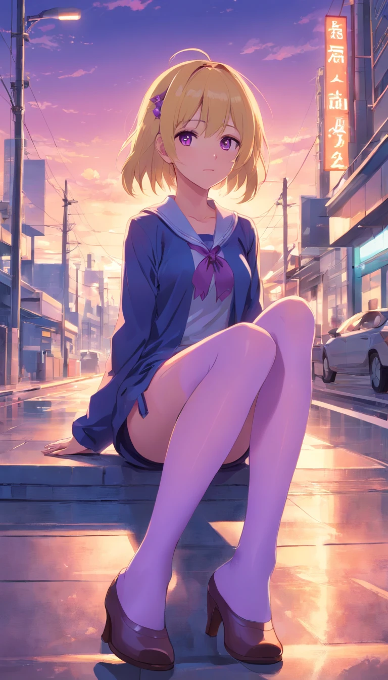 best qualtiy， tmasterpiece， 超高分辨率， realisticlying， 1 girl， Long pale yellow hair，Heterochromic pupils，Long legs， Loli set，M-legs，grievance，Purple stockings