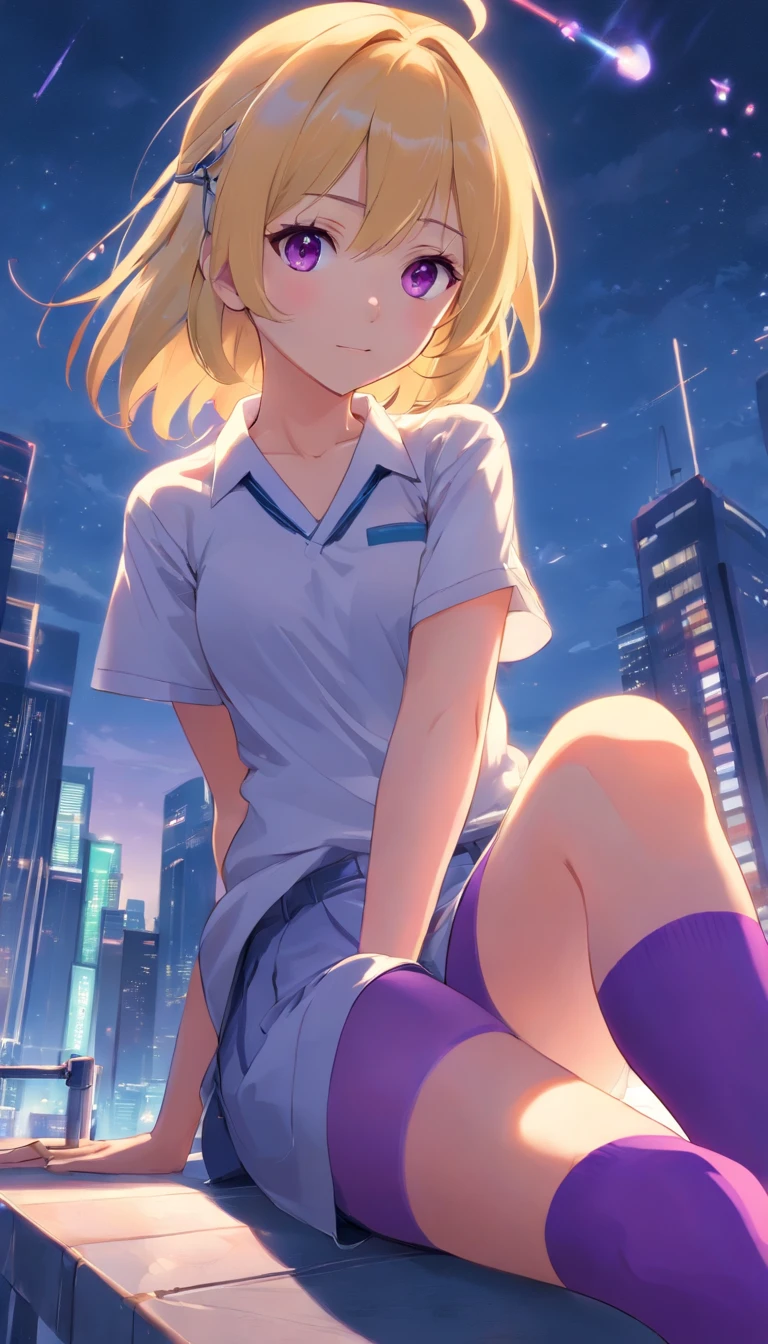 best qualtiy, tmasterpiece, 超高分辨率, realisticlying, 1 girl, Long pale yellow hair,Heterochromic pupils,Long legs, Loli set,M-legs,grievance,Purple stockings