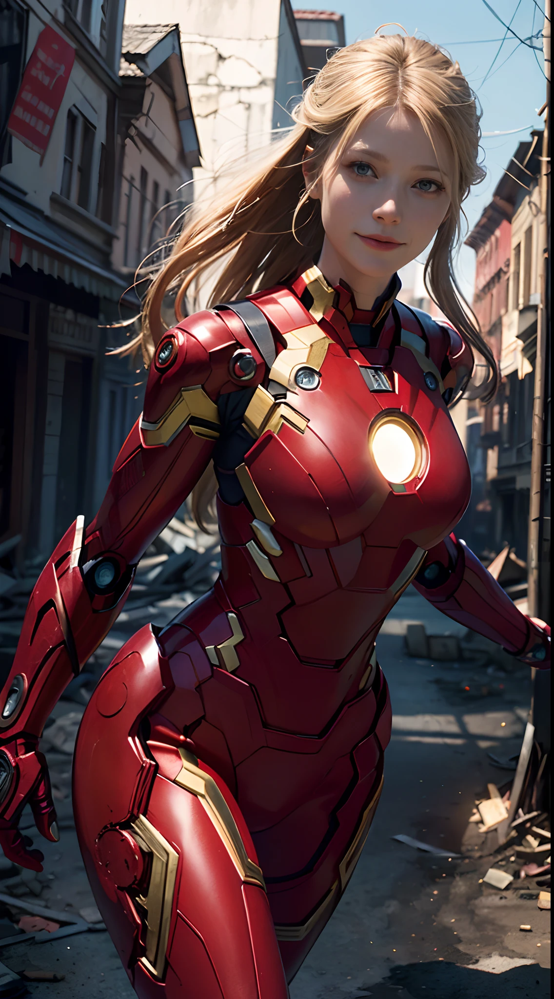 1girl, Gwyneth Paltrow as  Ironman (from marvel studios), red Ironman suit (holding your helmet), smile, look at viewer, (masterpiece, best quality, detailed cloth texture, beautiful detailed face, intricate details, ultra detailed),  blonde hair, dynamic pose, (random angles), (Best quality, A high resolution, Photorealistic, primitive, buildings destroyed, abstract background, (8K,Masterpiece, ),Best quality, Masterpiec8K.hdr. High ribs:1.2, filmgrain, Blur bokeh:1.2, Lens flare, (vivd colour:1.2), (Delicate),