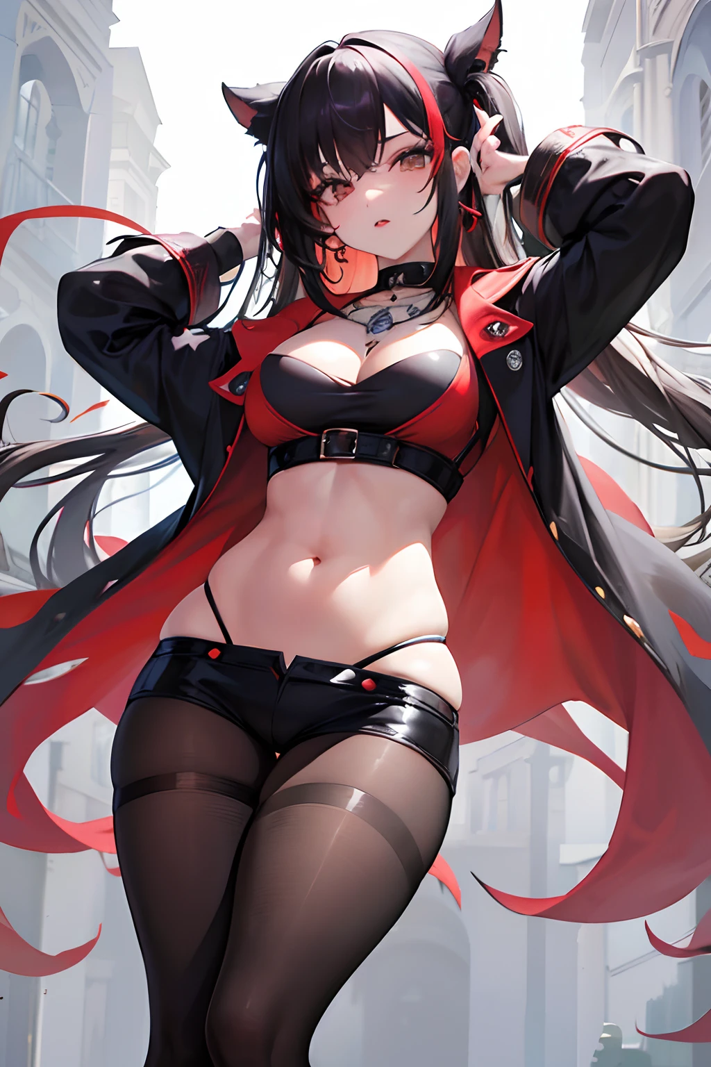 cabello plateado, ((senos grandes)), elfa, cuero, cabello lacio, Cabello largo, ojos verdes, 4k, Obra maestra, alta calidad, Adulta, cuerpo completo, pantyhose, plump thighs, wide hips, nails painted black, black eyeliner, red lipstick