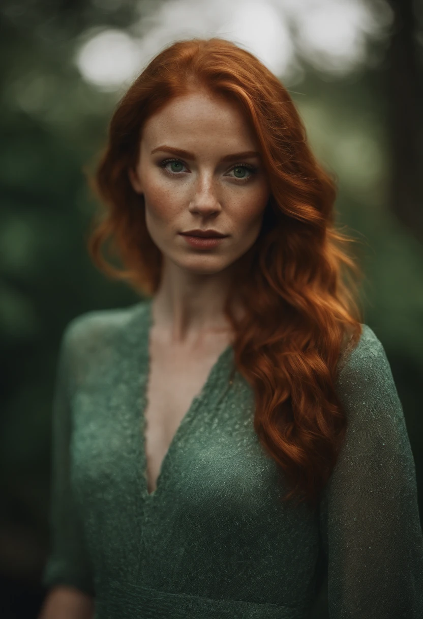 Portrait of a redheaded young female influencer with green eyes and freckles. And a very beautiful style of dress in fashion