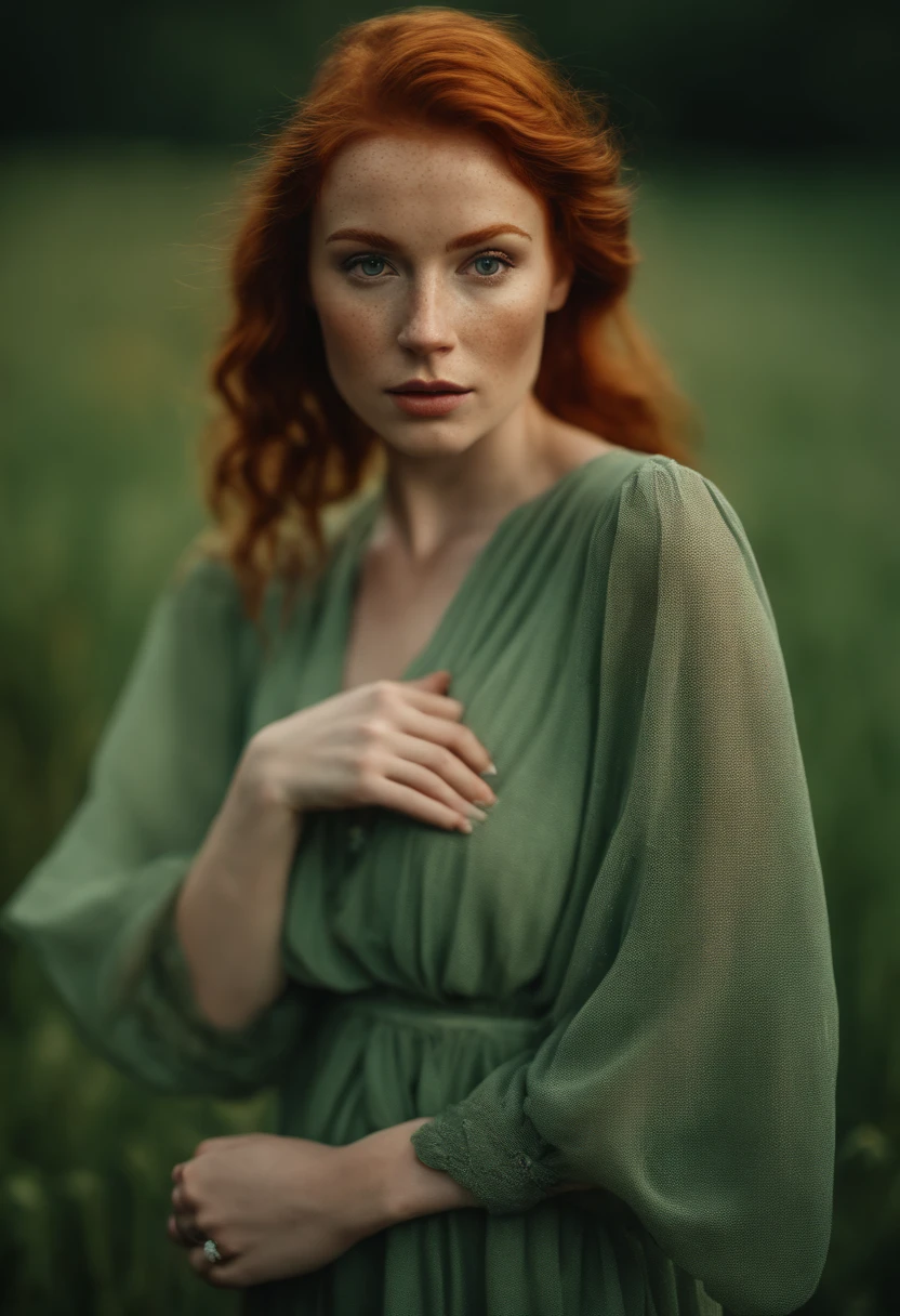 Portrait of a redheaded young female influencer with green eyes and freckles. And a very beautiful style of dress in fashion