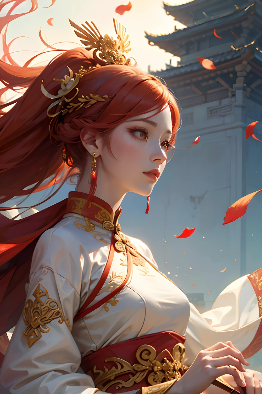 Mature girl, Orange pupils, red-white hair color, Floating hair, detailed and delicate and flexible eyes, Intricate damask hanfu, luxury accessories, Wearing pearl earrings, fov, f/1.8, Masterpiece, Ancient Chinese architecture, Blue sky, Petals flying, front portrait shot, Chang'e, Side light, sunlight illuminating people, 8K, --auto