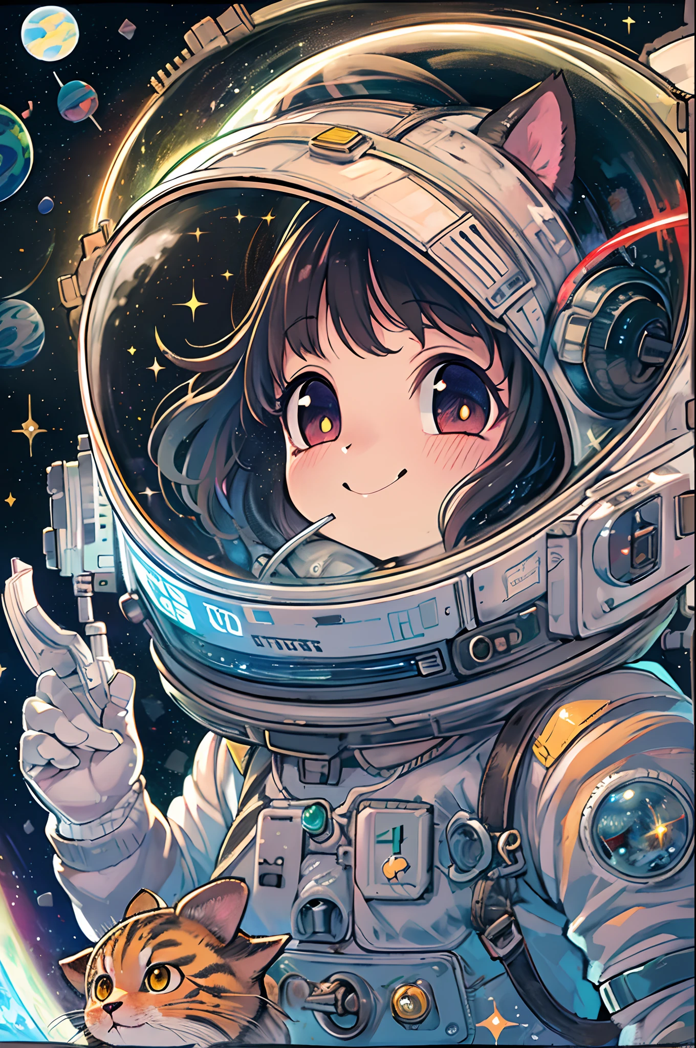 Cartoon illustration of a boy and girl in space with a cat, official fan art, in the universe, kittens in outer space, In outer space, In deep space, in a galaxy, Deep Space Exploration!!!, Space travelling, Wear on the stars and planets, Outer space, Outer space, cosmic starry sky, in the universe, Official art, spaces, in spacecraft, Colorful, Cute, more detailed, light, More realistic, cartoon