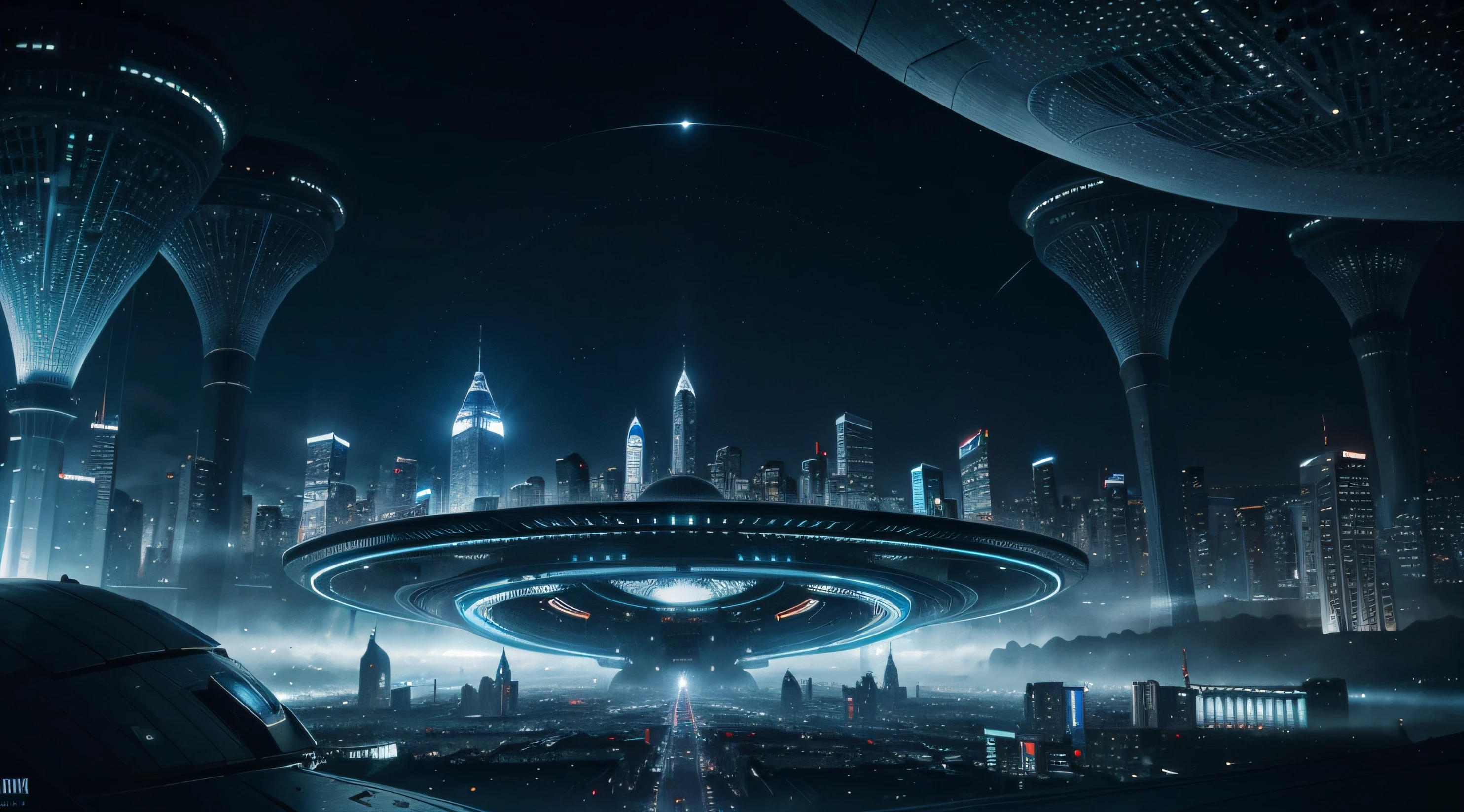 A futuristic city with a huge circular structure in the center of its central circle is a blue light, Sci-fi, arte espacial, hiper detalhado, brilhando por dentro, HDR, cinemactic, fantasia, ultra realista 8k