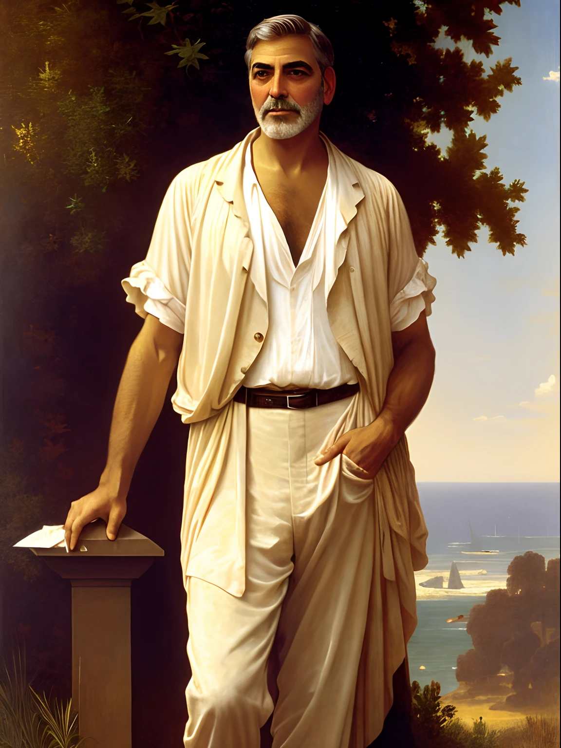 A full body portrait of George Clooney as an extremely strong and handsome 40s years old man, highly detailed painting, portrait, artwork by William-Adolphe Bouguereau, ethereal, poetic pastoral