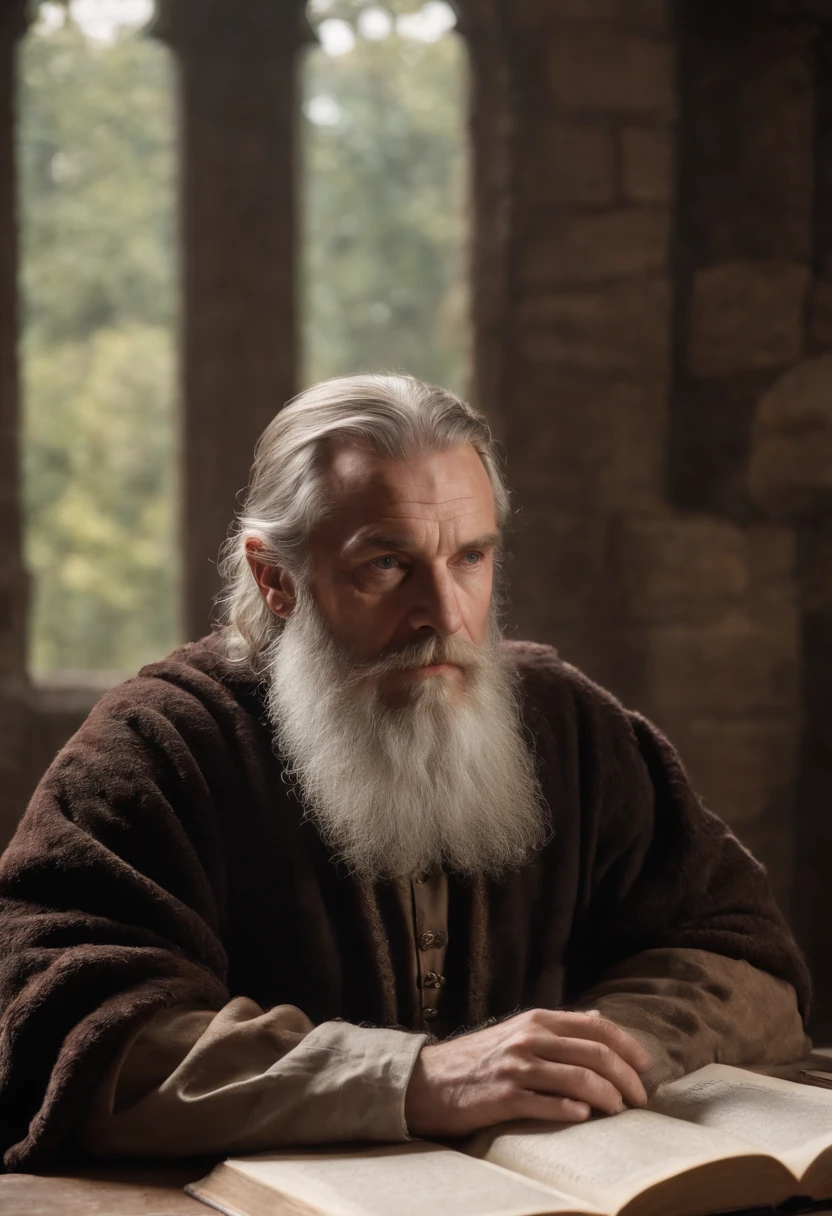 A wise and weather-beaten philosopher with a majestic beard, Sitting at a desk in a medieval study with expressive eyes and wrinkled features, he reads intently and hunched over an old book, das von Kerzenlicht erhellt wird. Auf seiner Schulter sitzt eine Eule, die ebenfalls auf das Buch schaut. Im Hintergrund sieht man durch ein Fenster auf das Universum mit seinen vielen Galaxien. Meisterwerk