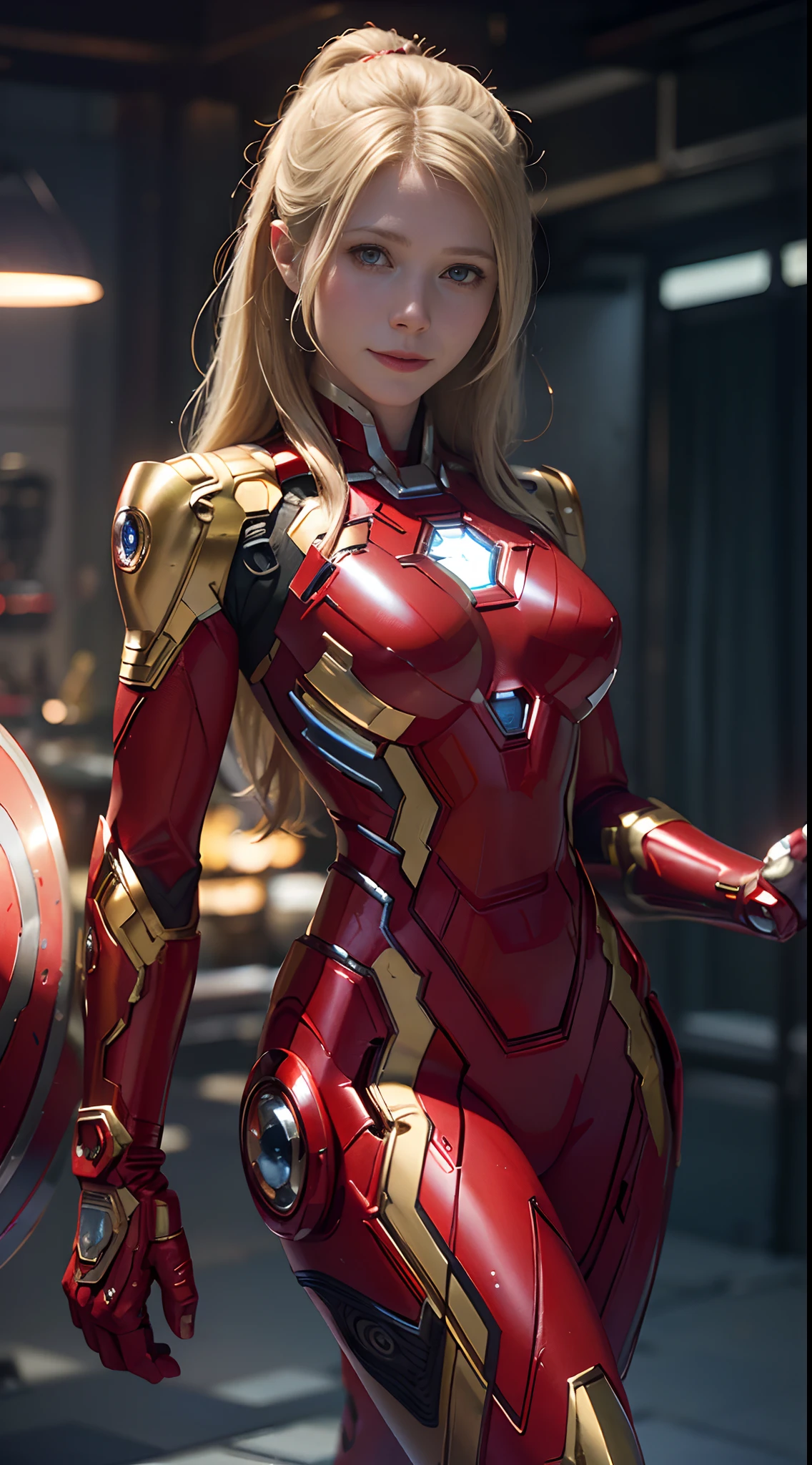 1girl, Gwyneth Paltrow as  Ironman (from marvel studios), red Ironman suit (holding your helmet), smile, look at viewer, (masterpiece, best quality, detailed cloth texture, beautiful detailed face, intricate details, ultra detailed),  blonde hair, dynamic pose, (random angles), (Best quality, A high resolution, Photorealistic, primitive, buildings destroyed, abstract background, (8K,Masterpiece, ),Best quality, Masterpiec8K.hdr. High ribs:1.2, filmgrain, Blur bokeh:1.2, Lens flare, (vivd colour:1.2), (Delicate),